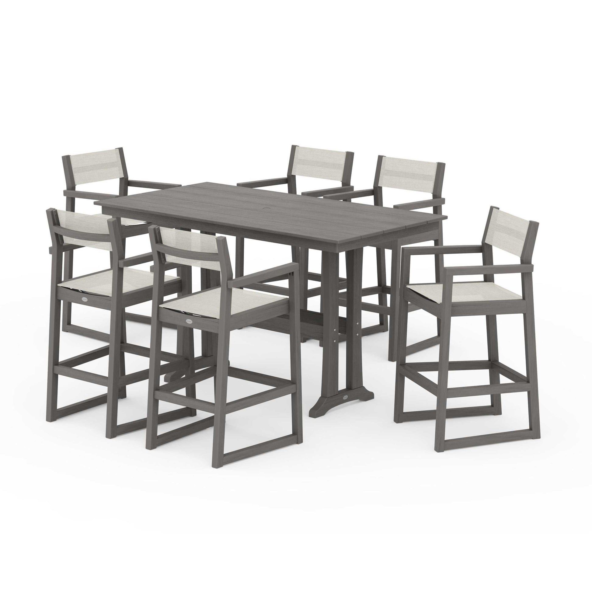 POLYWOOD EDGE Sling Arm Chair 7-Piece Farmhouse Bar Set with Trestle Legs — Driftwood / Parchment Sling