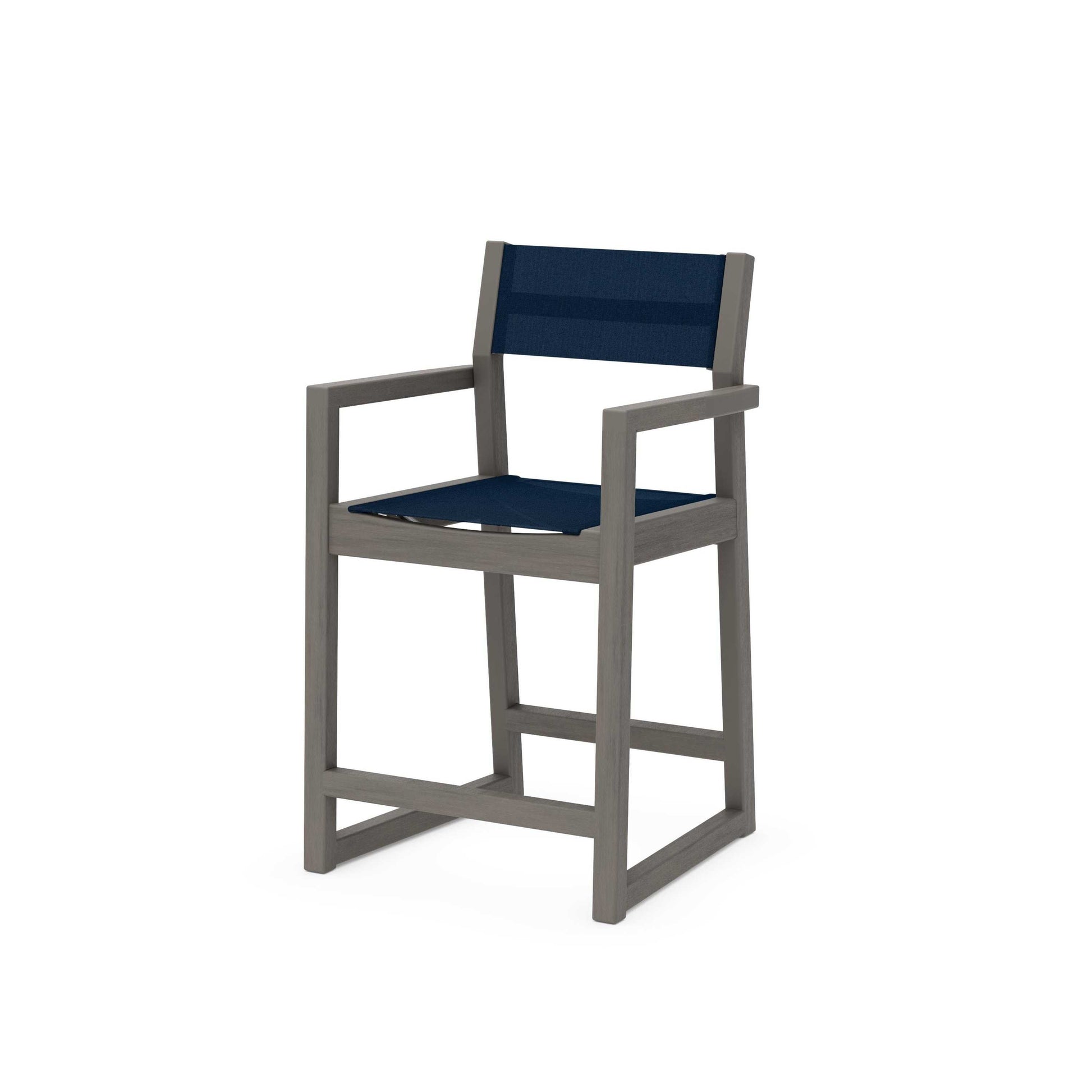 POLYWOOD EDGE Sling Counter Arm Chair — Driftwood / Navy Blue Sling