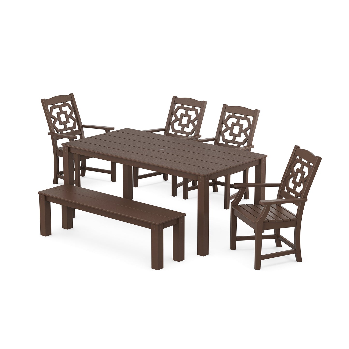 POLYWOOD Chinoiserie 6-Piece Parsons Dining Set with Bench — Mahogany