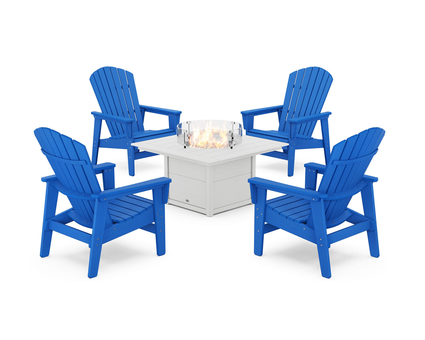 POLYWOOD 5-Piece Nautical Grand Upright Adirondack Conversation Set with Fire Pit Table — Pacific Blue / White