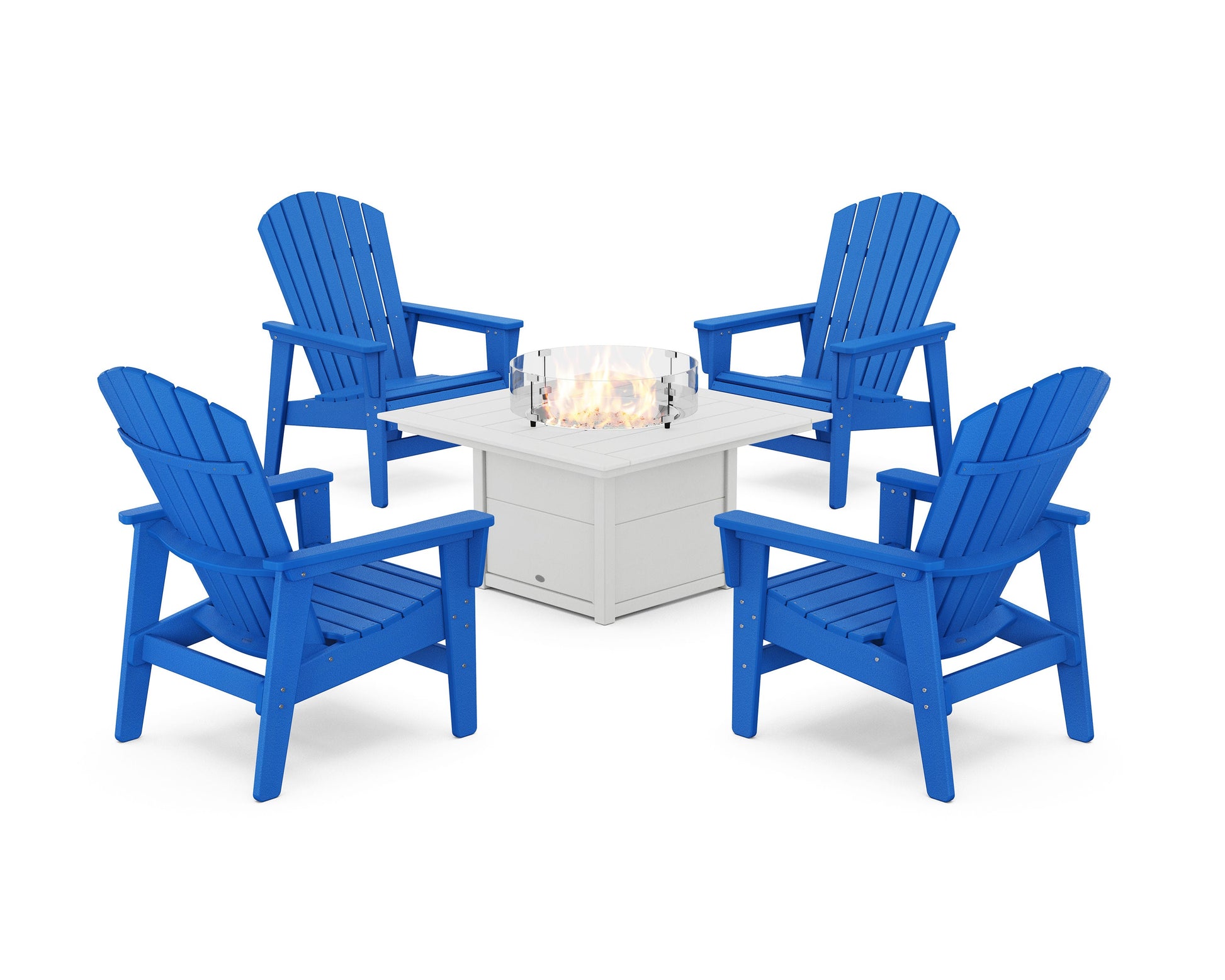 POLYWOOD 5-Piece Nautical Grand Upright Adirondack Conversation Set with Fire Pit Table — Pacific Blue / White
