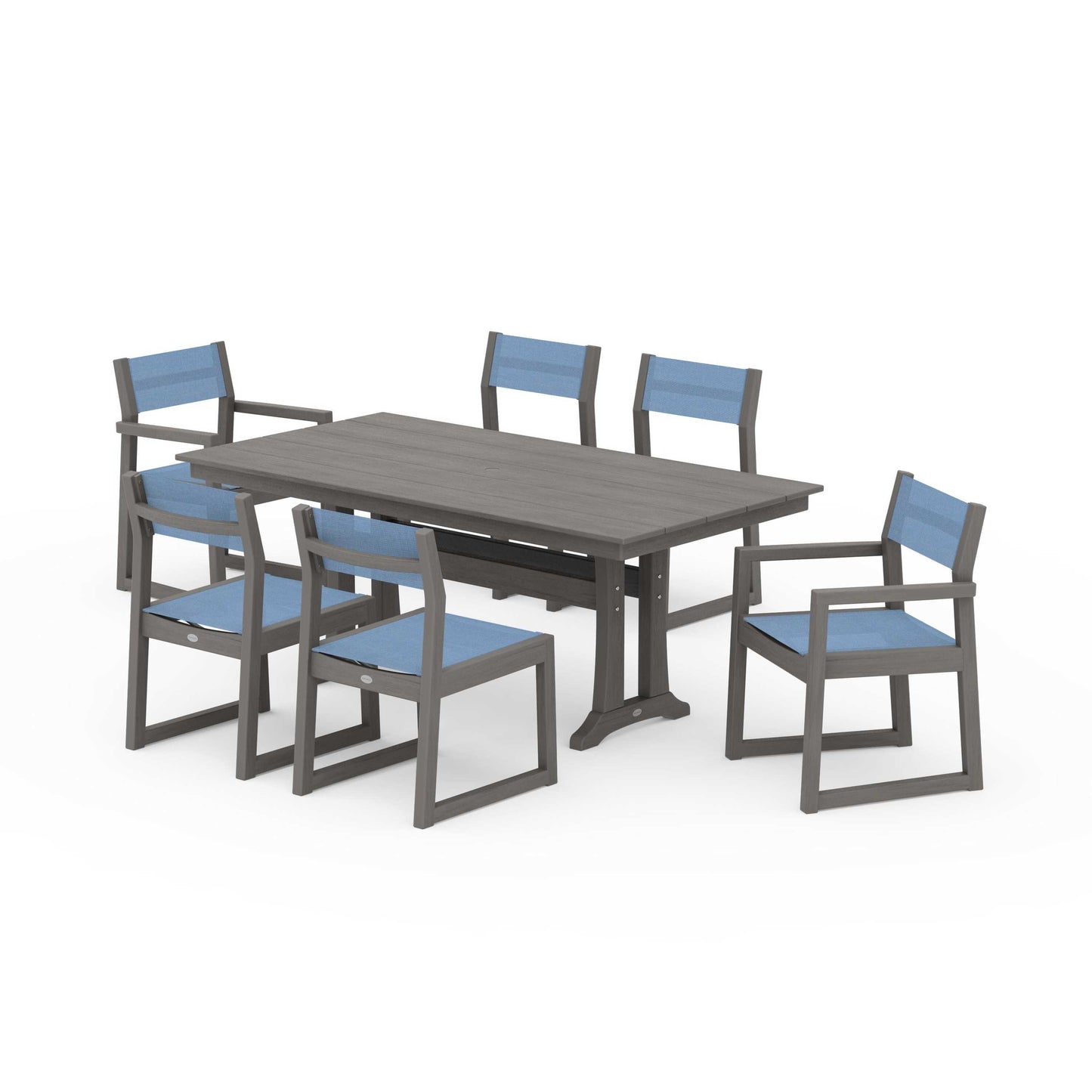 POLYWOOD EDGE Sling 7-Piece Farmhouse Trestle Dining Set — Driftwood / Poolside Sling