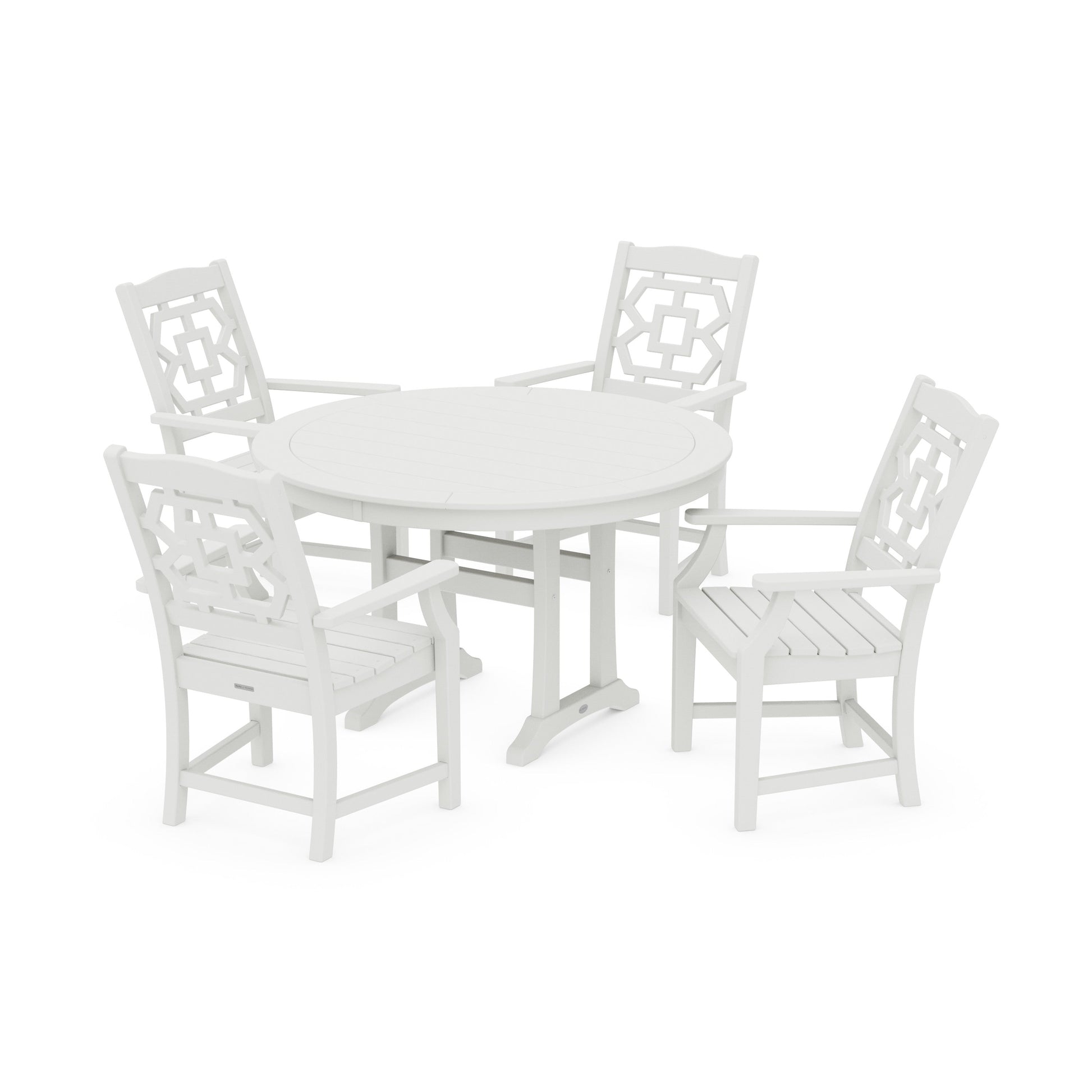 POLYWOOD Chinoiserie 5-Piece Round Dining Set with Trestle Legs — Vintage White