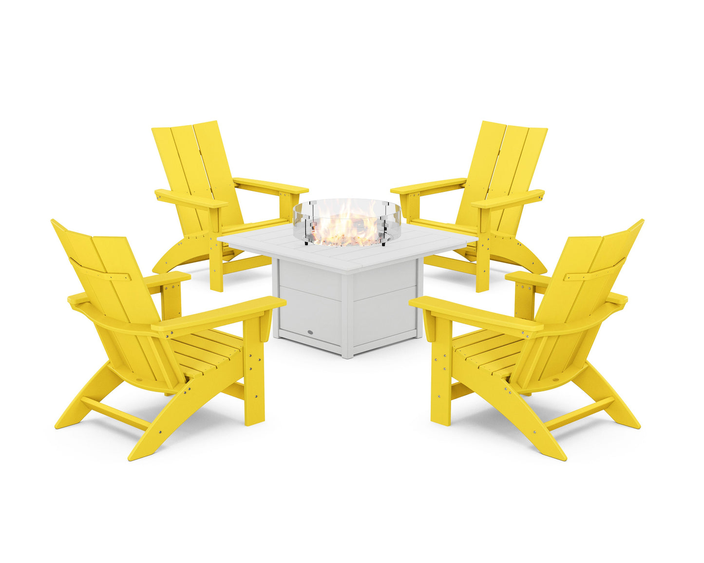POLYWOOD 5-Piece Modern Grand Adirondack Conversation Set with Fire Pit Table — Lemon / White