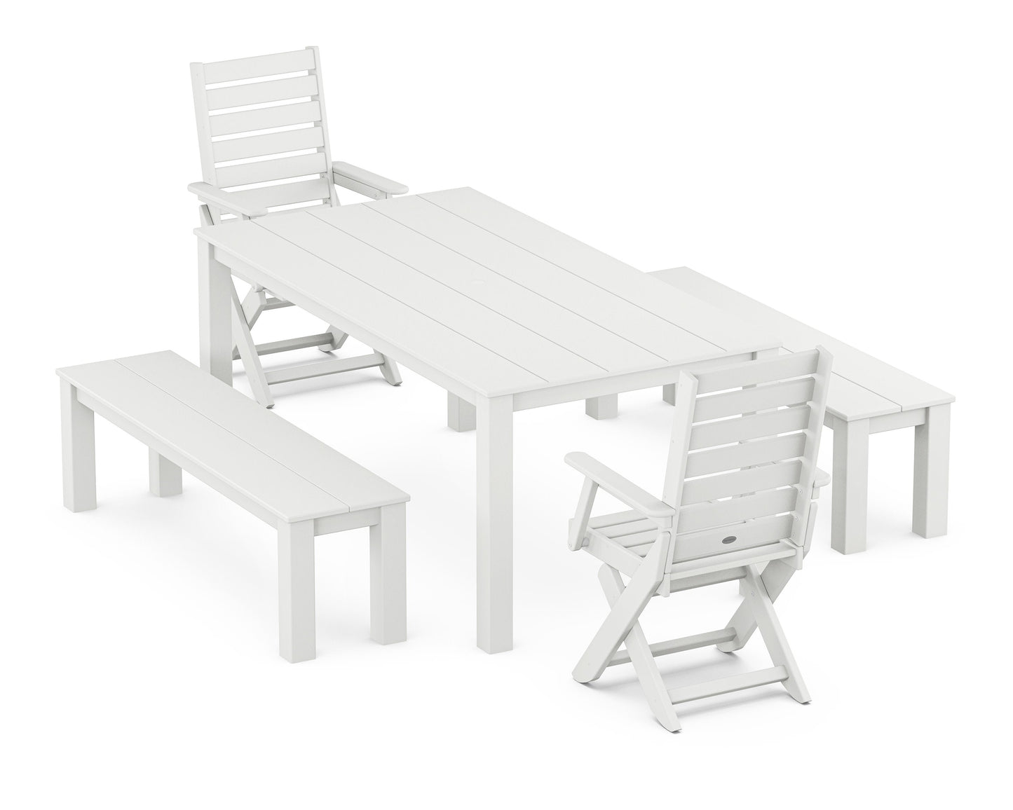 POLYWOOD Captain Folding Chair 5-Piece Parsons Dining Set with Benches — White