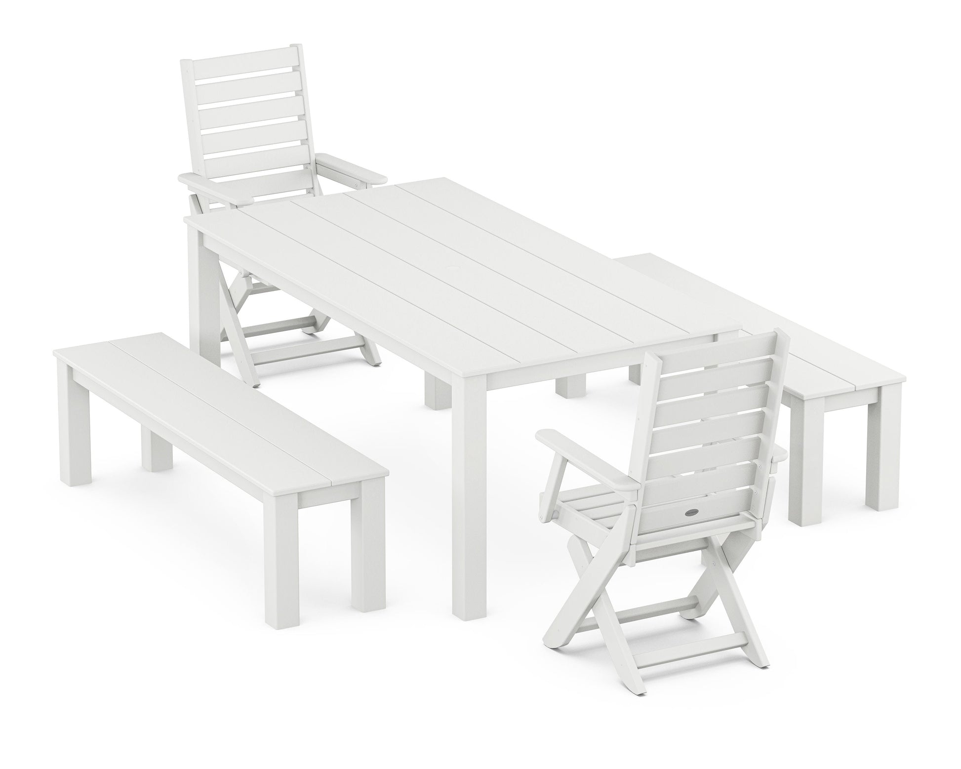 POLYWOOD Captain Folding Chair 5-Piece Parsons Dining Set with Benches — White