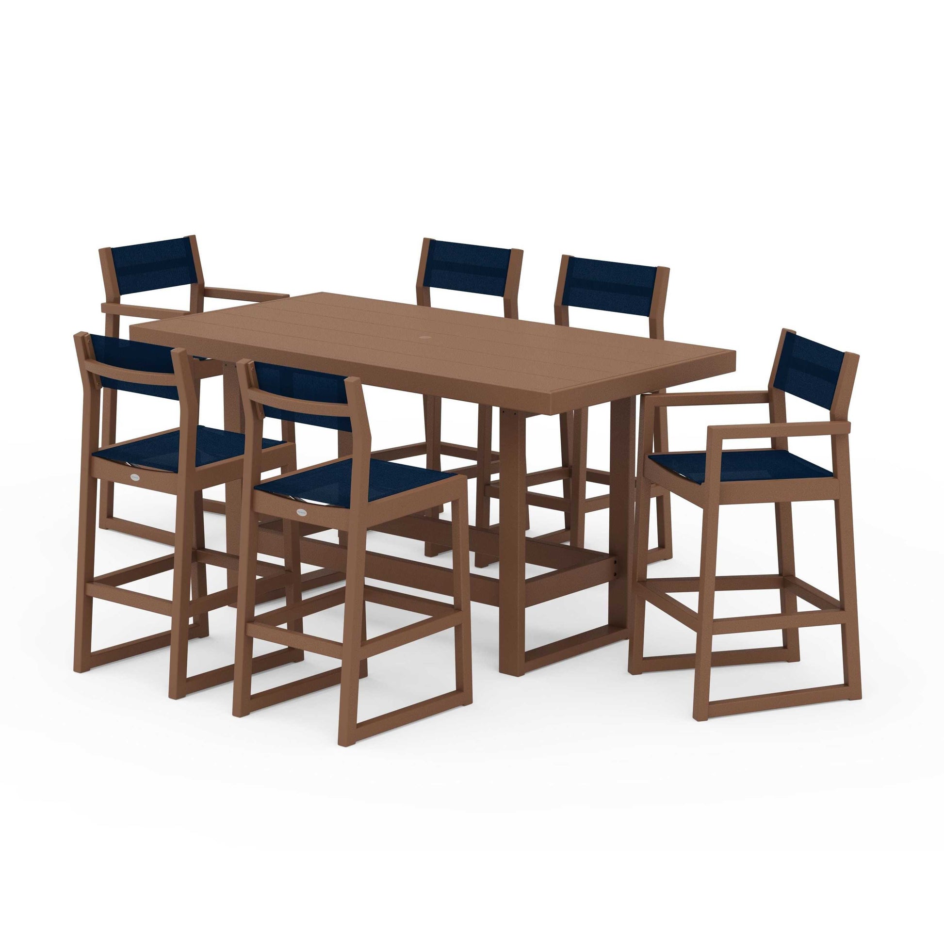 POLYWOOD EDGE Sling 7-Piece Bar Table Set — Teak / Navy Blue Sling