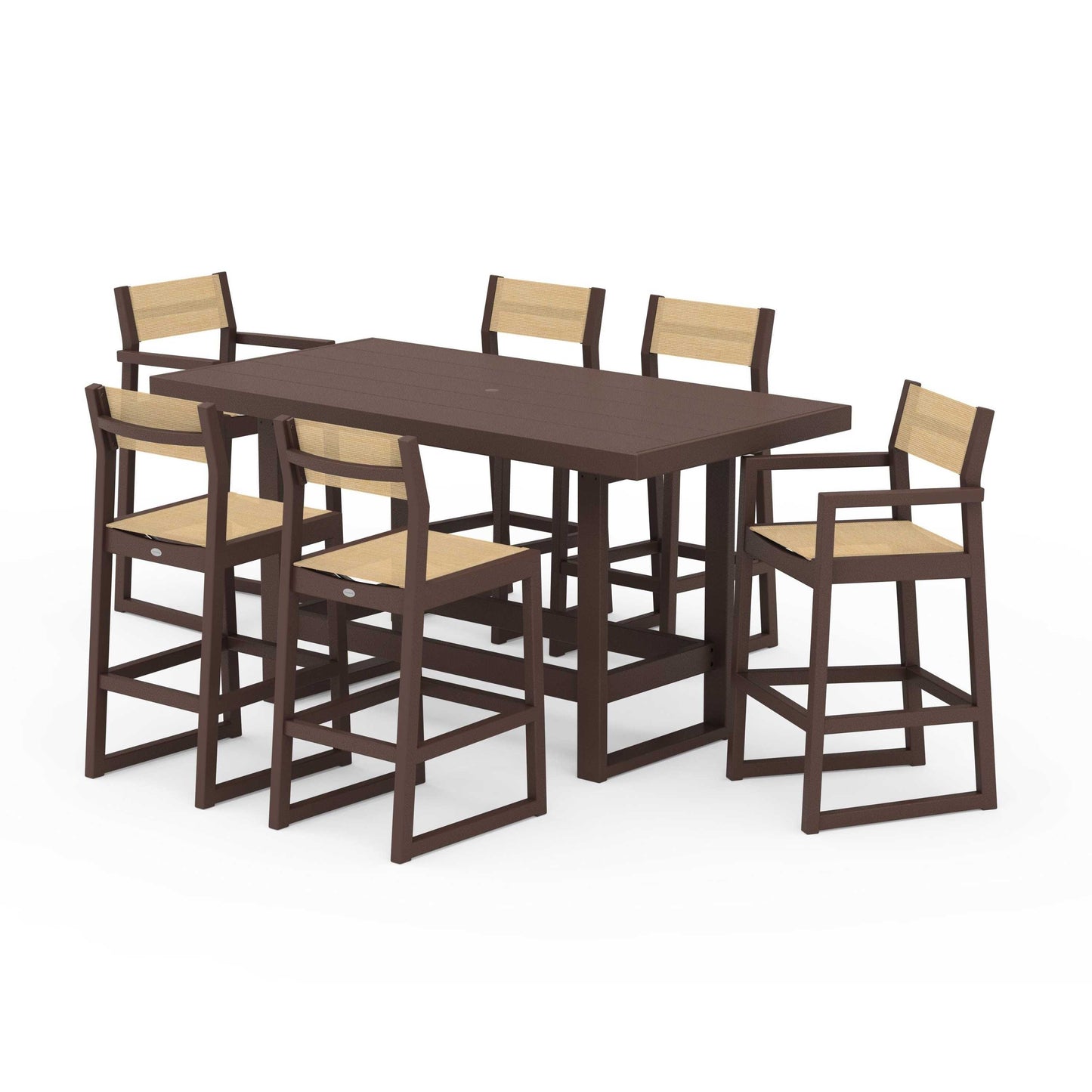 POLYWOOD EDGE Sling 7-Piece Bar Table Set — Mahogany / Dupioni Apricot Sling