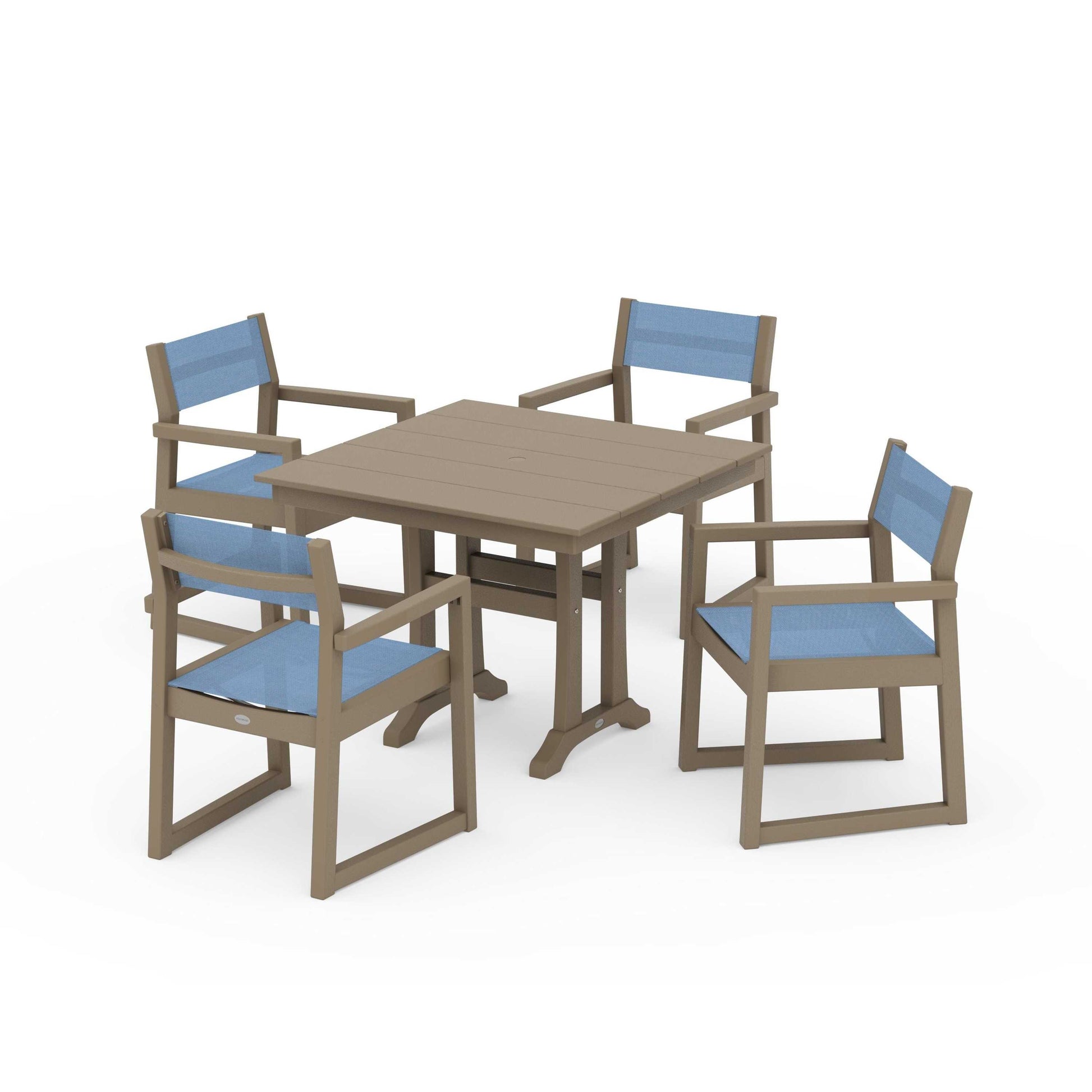POLYWOOD EDGE Sling 5-Piece Farmhouse Dining Set with Trestle Legs — Vintage Sahara / Poolside Sling