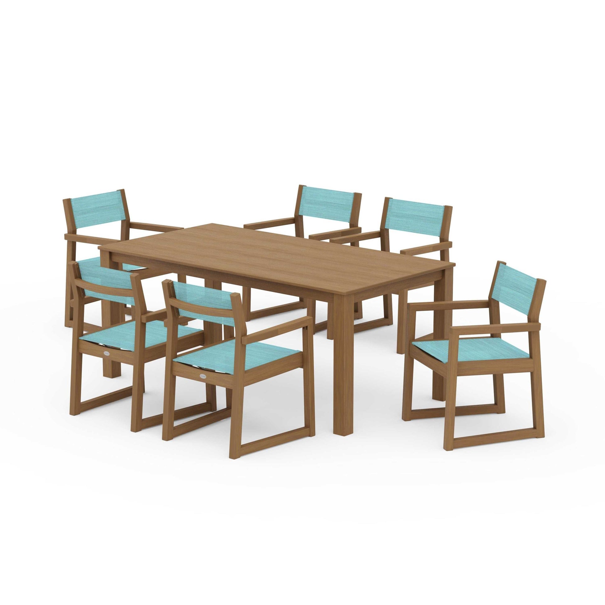 POLYWOOD EDGE Sling Arm Chair 7-Piece Parsons Dining Set — Natural / Dupioni Aquamarine Sling