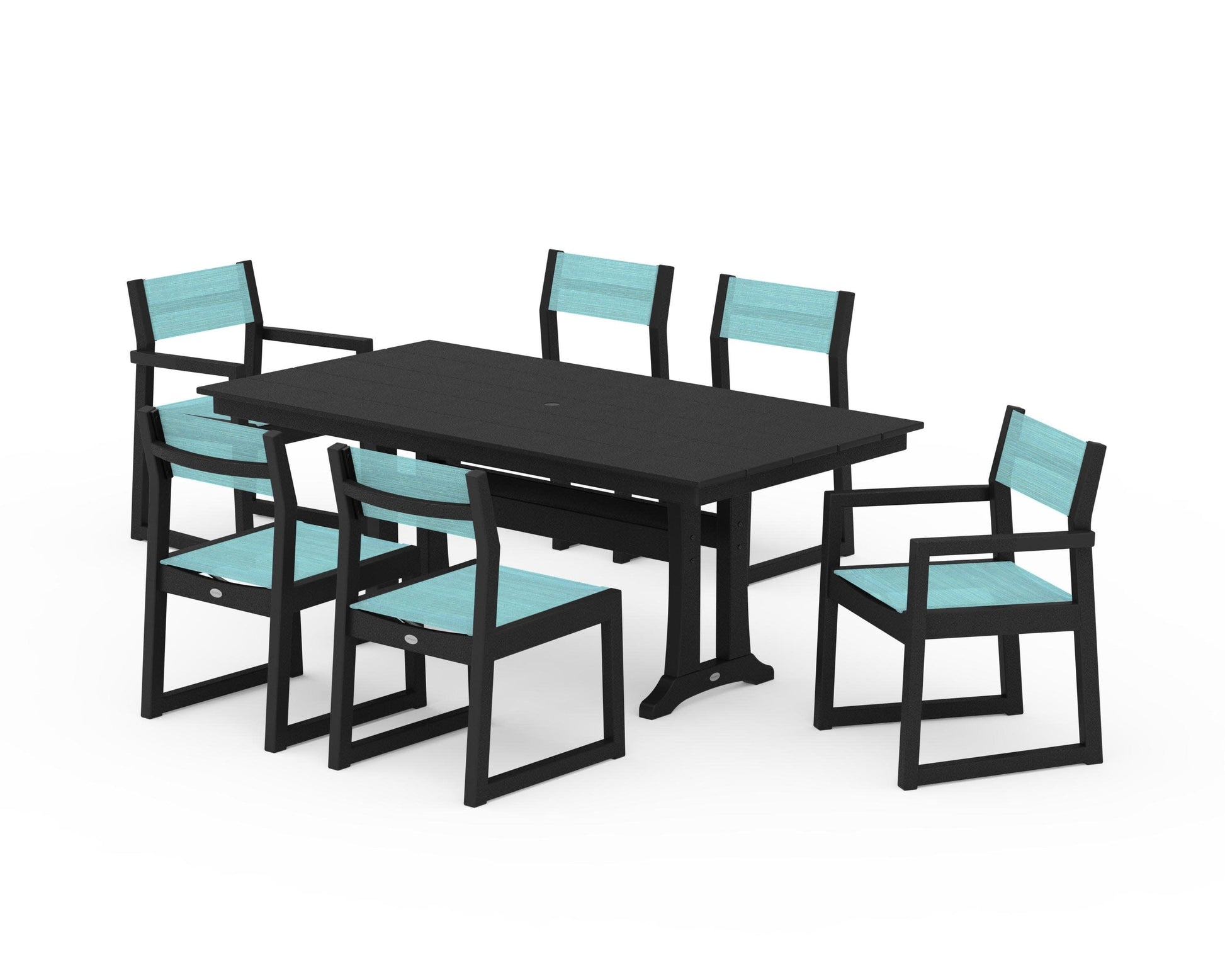 POLYWOOD EDGE Sling 7-Piece Farmhouse Trestle Dining Set — Black / Dupioni Aquamarine Sling