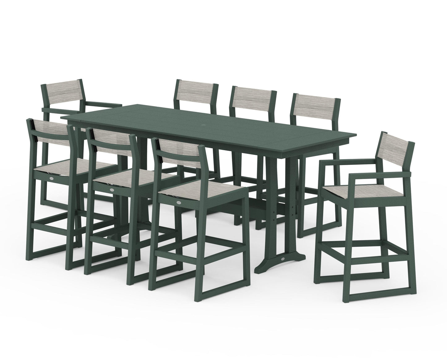 POLYWOOD EDGE Sling 9-Piece Farmhouse Bar Set with Trestle Legs — Green / Birch Sling