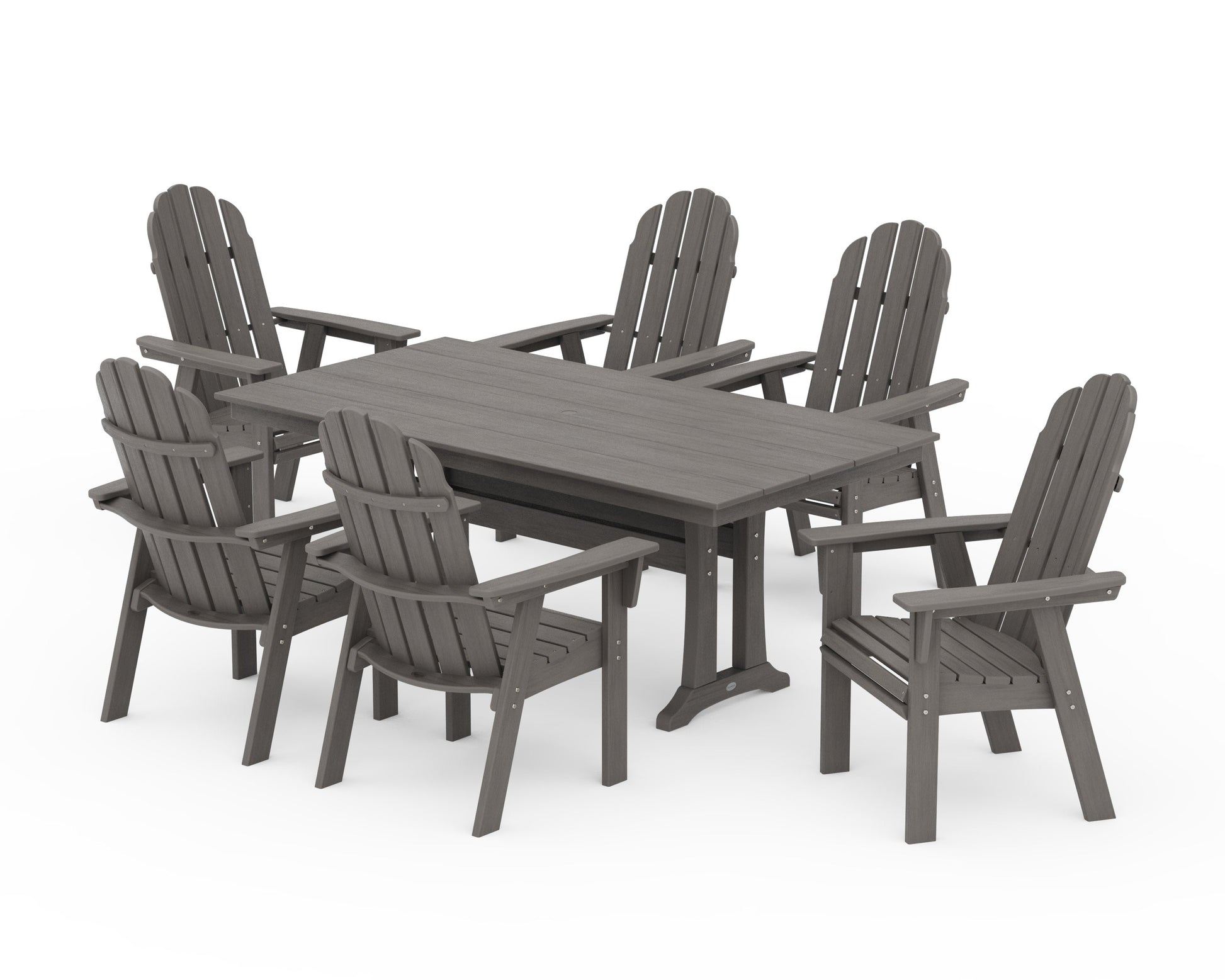 POLYWOOD Vineyard Curveback Adirondack Chair 7-Piece Farmhouse Dining Set with Trestle Legs — Driftwood