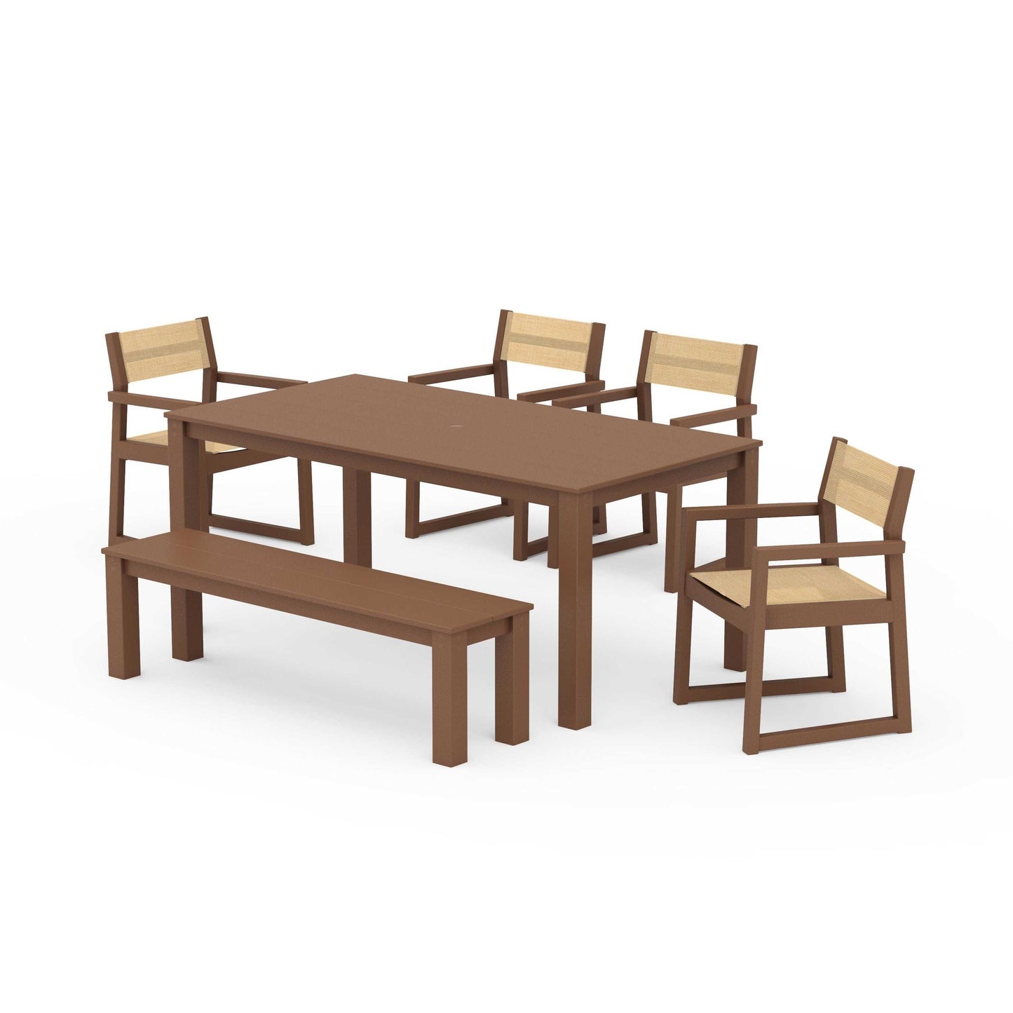 POLYWOOD EDGE Sling Arm Chair 6-Piece Parsons Dining Set with Bench — Teak / Dupioni Apricot Sling