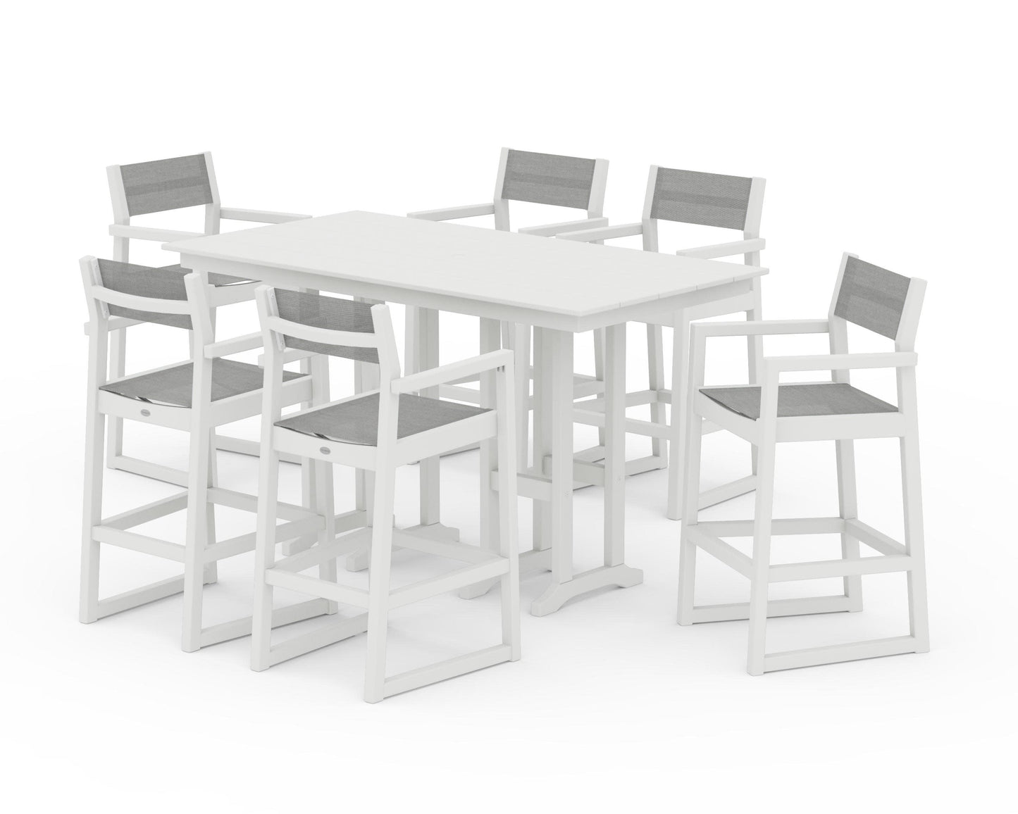 POLYWOOD EDGE Sling Arm Chair 7-Piece Farmhouse Bar Set — Vintage White / Metallic Sling