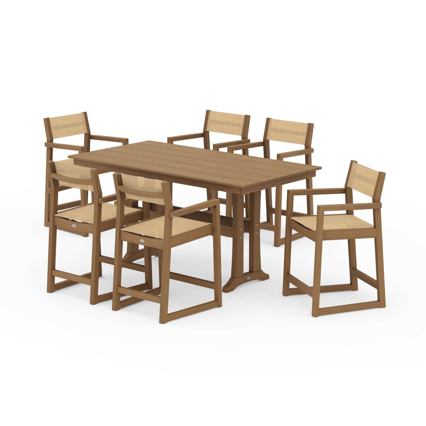 POLYWOOD EDGE Sling Arm Chair 7-Piece Farmhouse Counter Set with Trestle Legs — Natural / Dupioni Apricot Sling