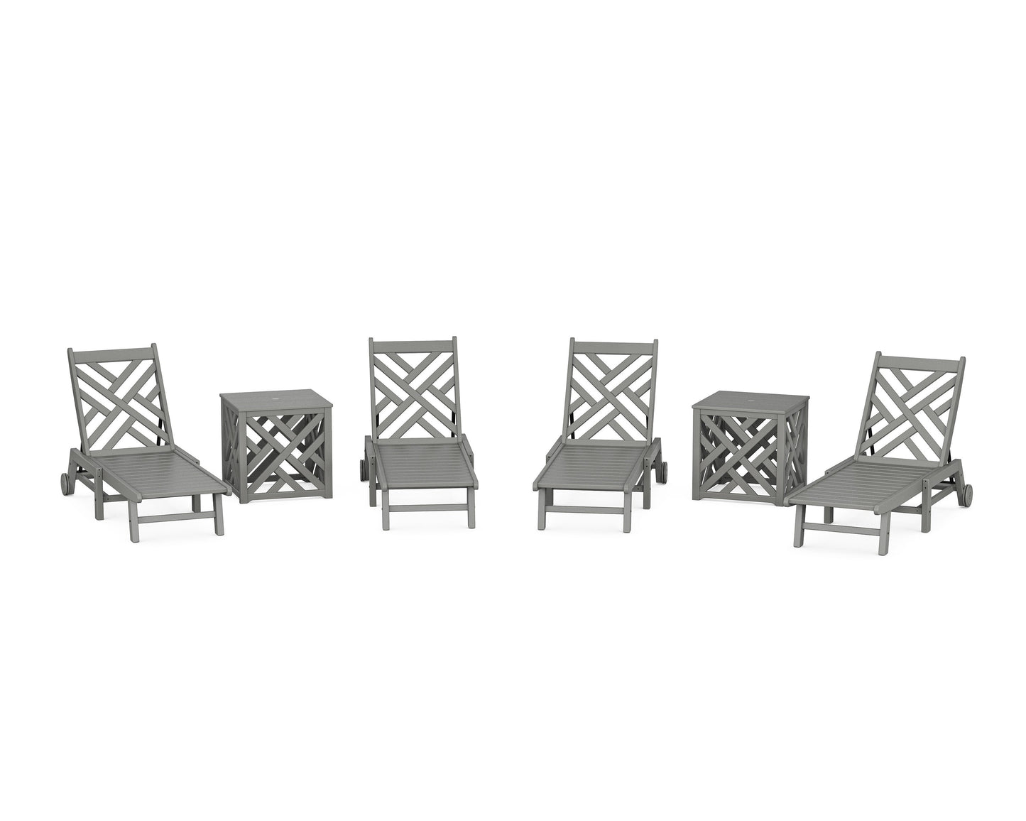 POLYWOOD Chippendale 6-Piece Chaise Set with Wheels and Umbrella Stand Accent Table — Slate Grey