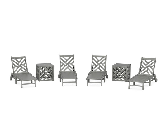 POLYWOOD Chippendale 6-Piece Chaise Set with Wheels and Umbrella Stand Accent Table — Slate Grey