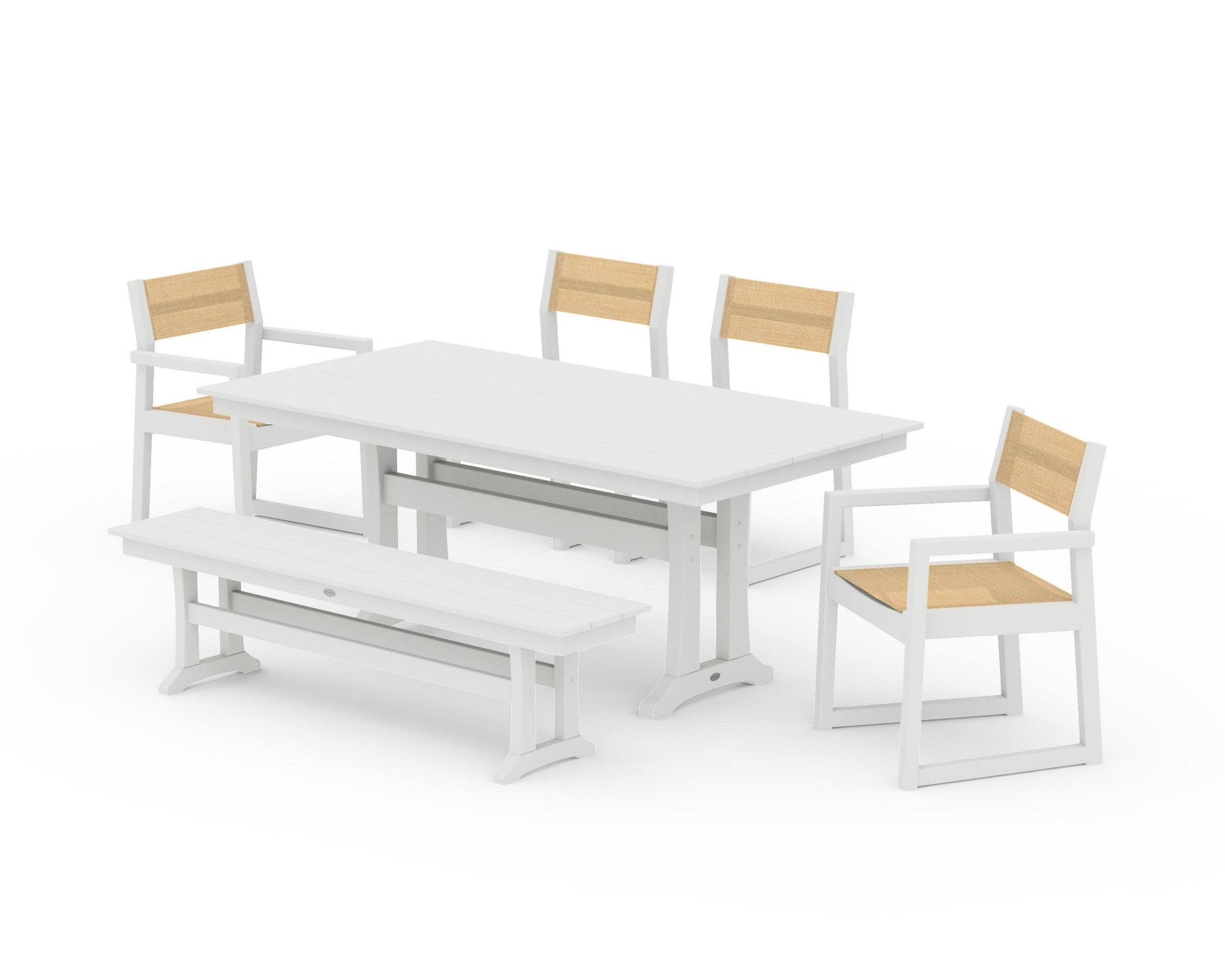 POLYWOOD EDGE Sling 6-Piece Farmhouse Dining Set With Trestle Legs — Vintage White / Dupioni Apricot Sling