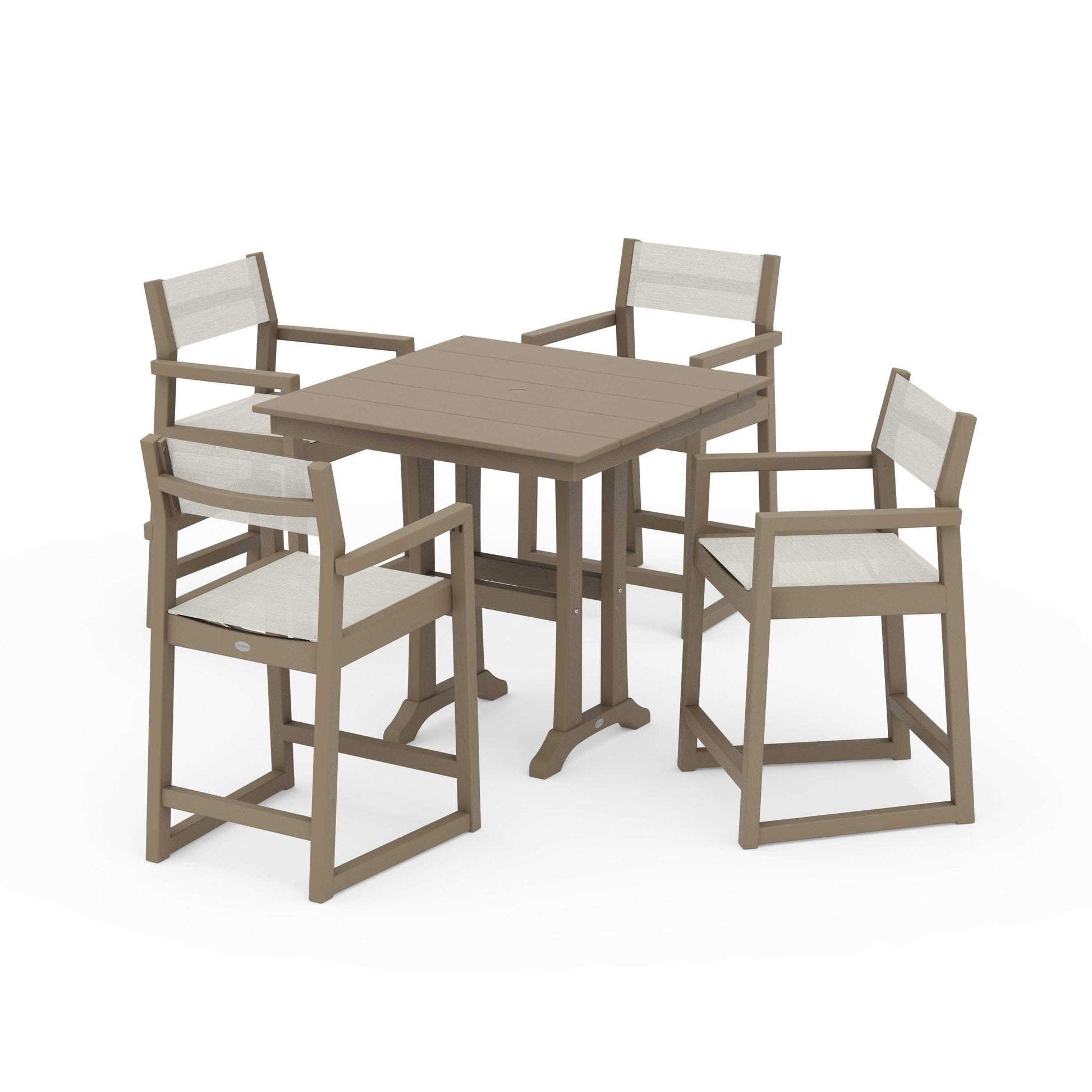 POLYWOOD EDGE Sling Arm Chair 5-Piece Farmhouse Counter Set with Trestle Legs — Vintage Sahara / Parchment Sling