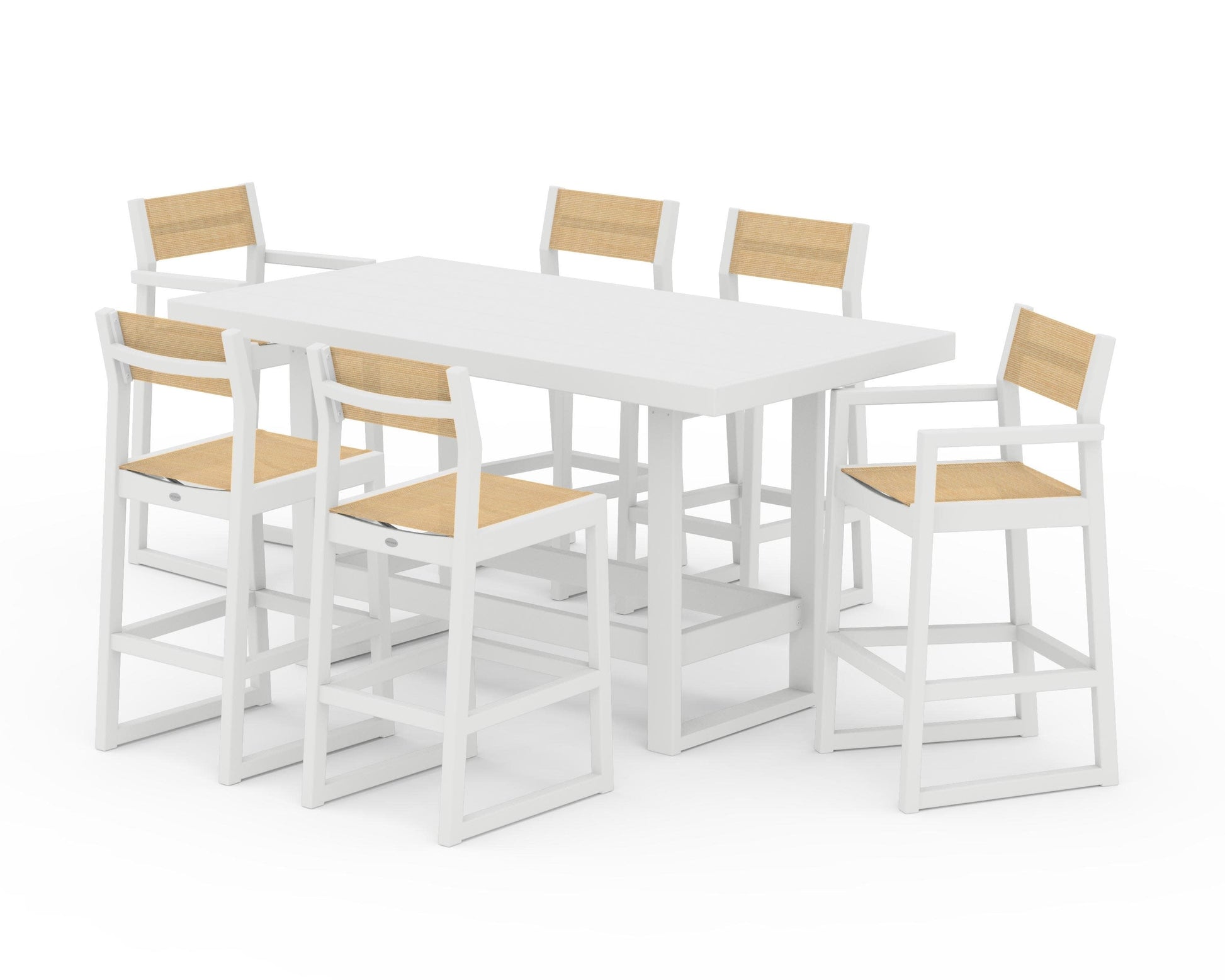 POLYWOOD EDGE Sling 7-Piece Bar Table Set — White / Dupioni Apricot Sling