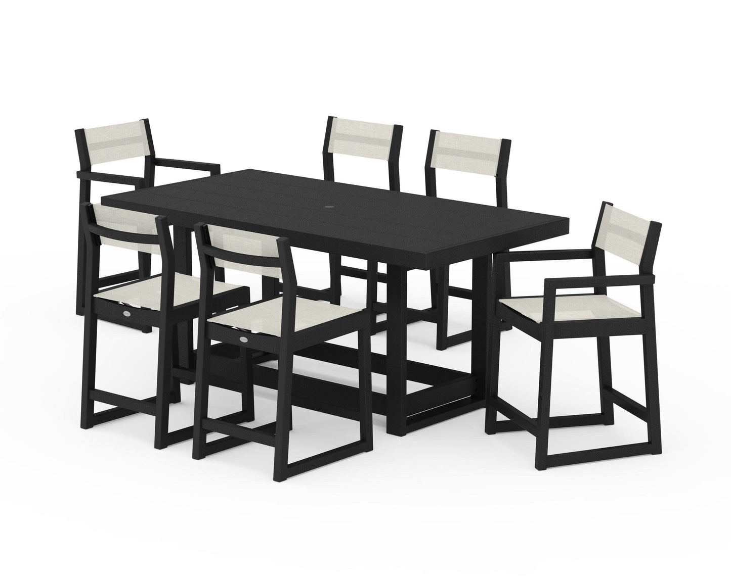 POLYWOOD EDGE Sling 7-Piece Counter Table Set — Black / Parchment Sling