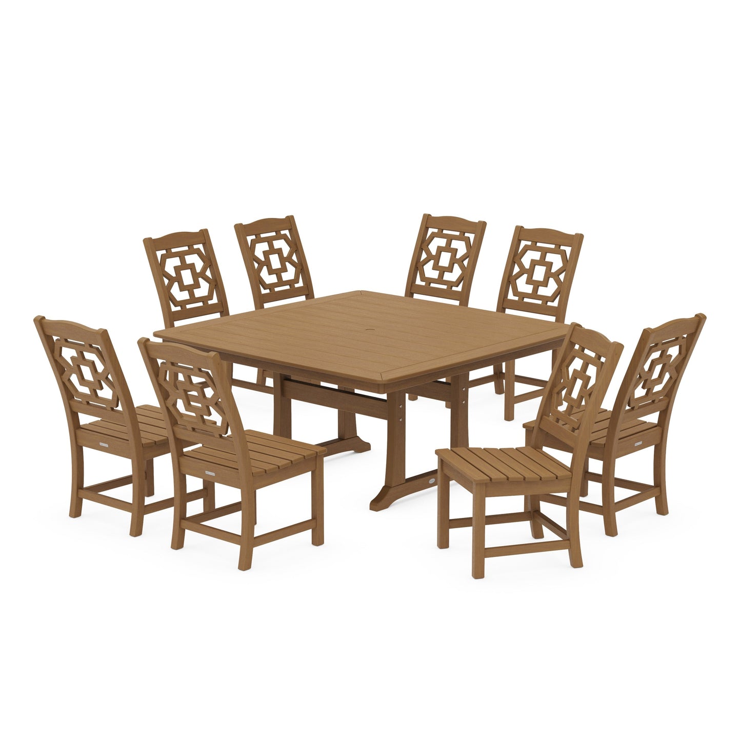 POLYWOOD Chinoiserie 9-Piece Square Side Chair Dining Set with Trestle Legs — Natural