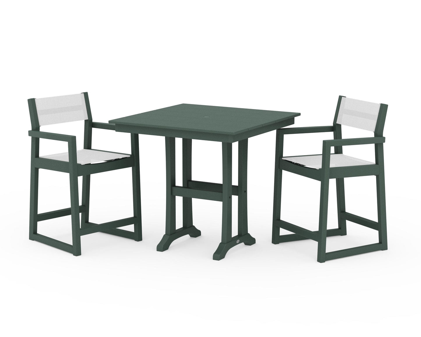 POLYWOOD EDGE Sling Arm Chair 3-Piece Farmhouse Counter Set with Trestle Legs — Green / White Sling