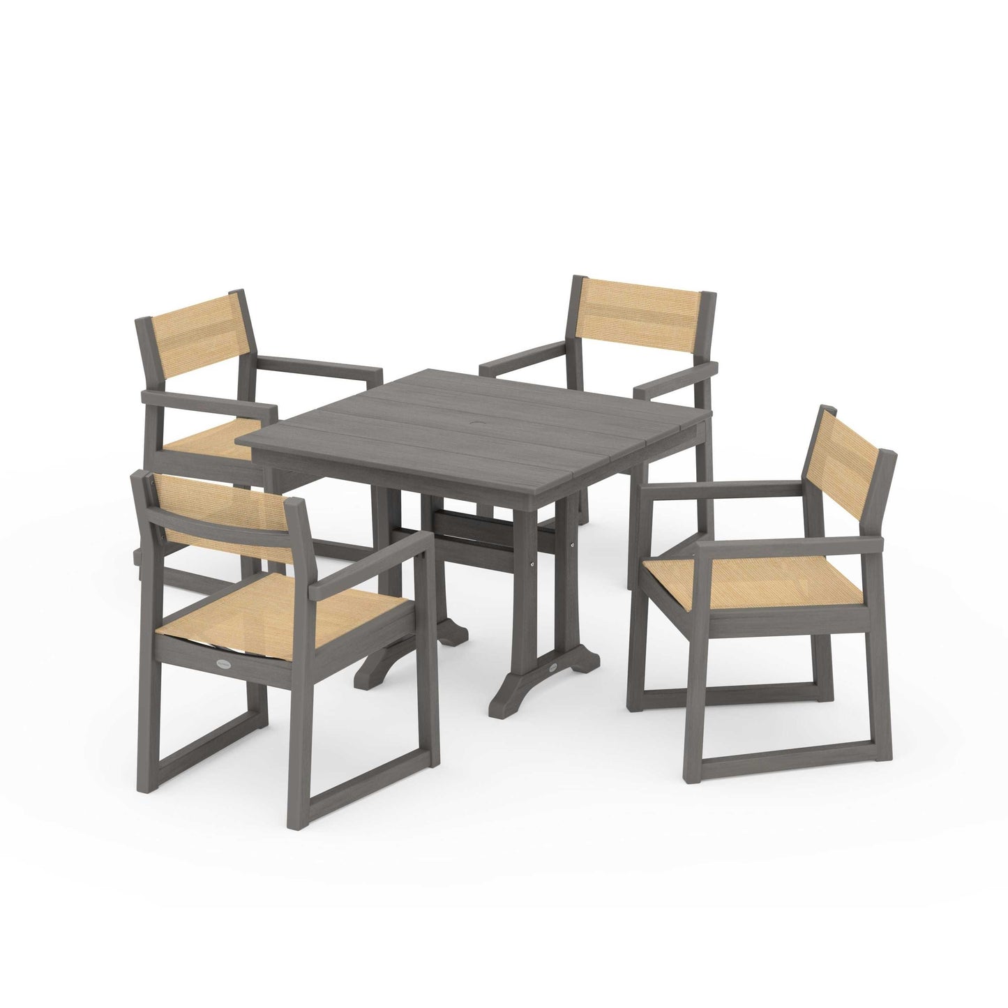 POLYWOOD EDGE Sling 5-Piece Farmhouse Dining Set with Trestle Legs — Driftwood / Dupioni Apricot Sling