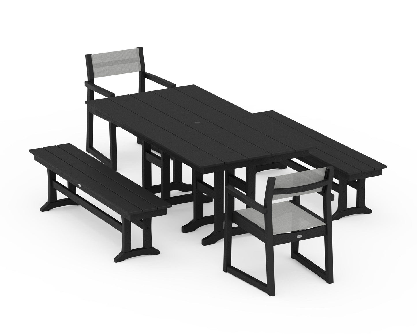 POLYWOOD EDGE Sling Arm Chair 5-Piece Farmhouse Dining Set with Benches — Black / Metallic Sling