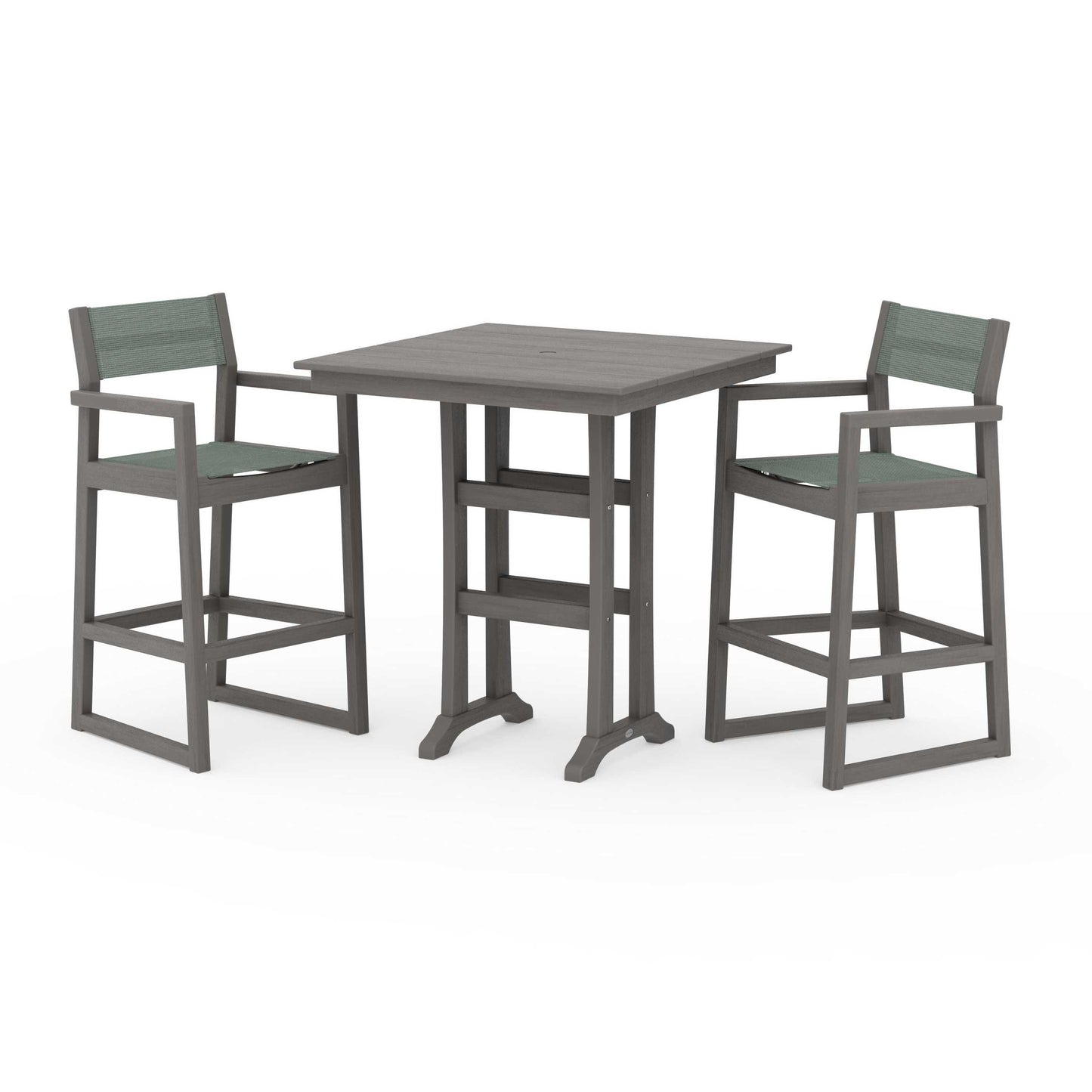 POLYWOOD EDGE Sling Arm Chair 3-Piece Farmhouse Bar Set with Trestle Legs — Driftwood / Dupioni Sea Mist Sling