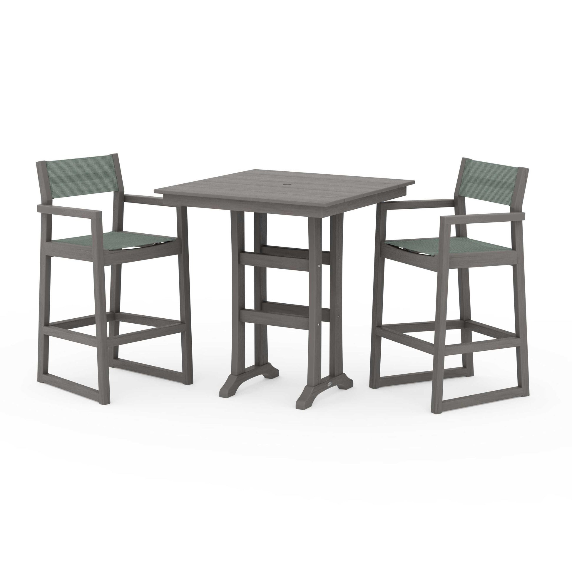 POLYWOOD EDGE Sling Arm Chair 3-Piece Farmhouse Bar Set with Trestle Legs — Driftwood / Dupioni Sea Mist Sling