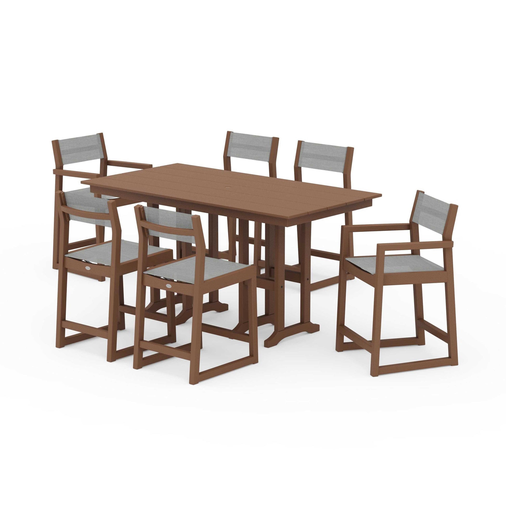 POLYWOOD EDGE Sling 7-Piece Farmhouse Counter Set with Trestle Legs — Teak / Metallic Sling
