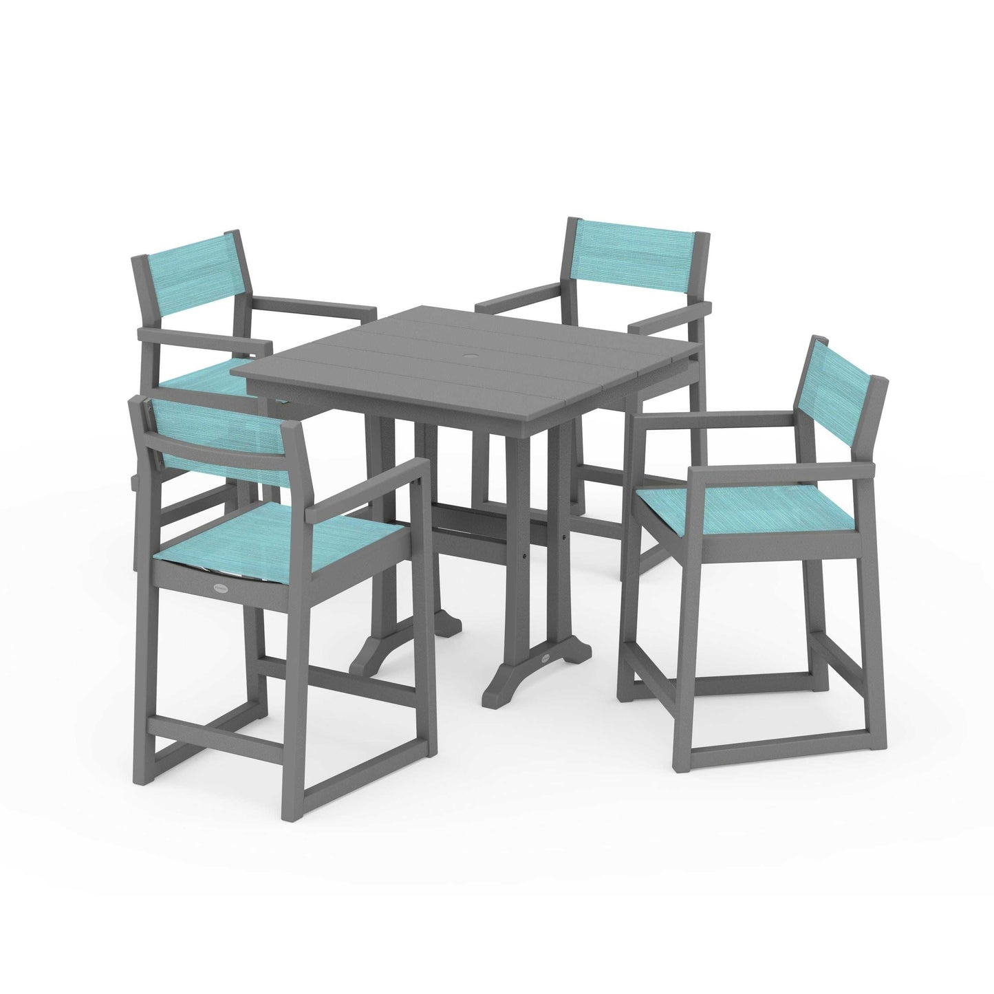 POLYWOOD EDGE Sling Arm Chair 5-Piece Farmhouse Counter Set with Trestle Legs — Slate Grey / Dupioni Aquamarine Sling