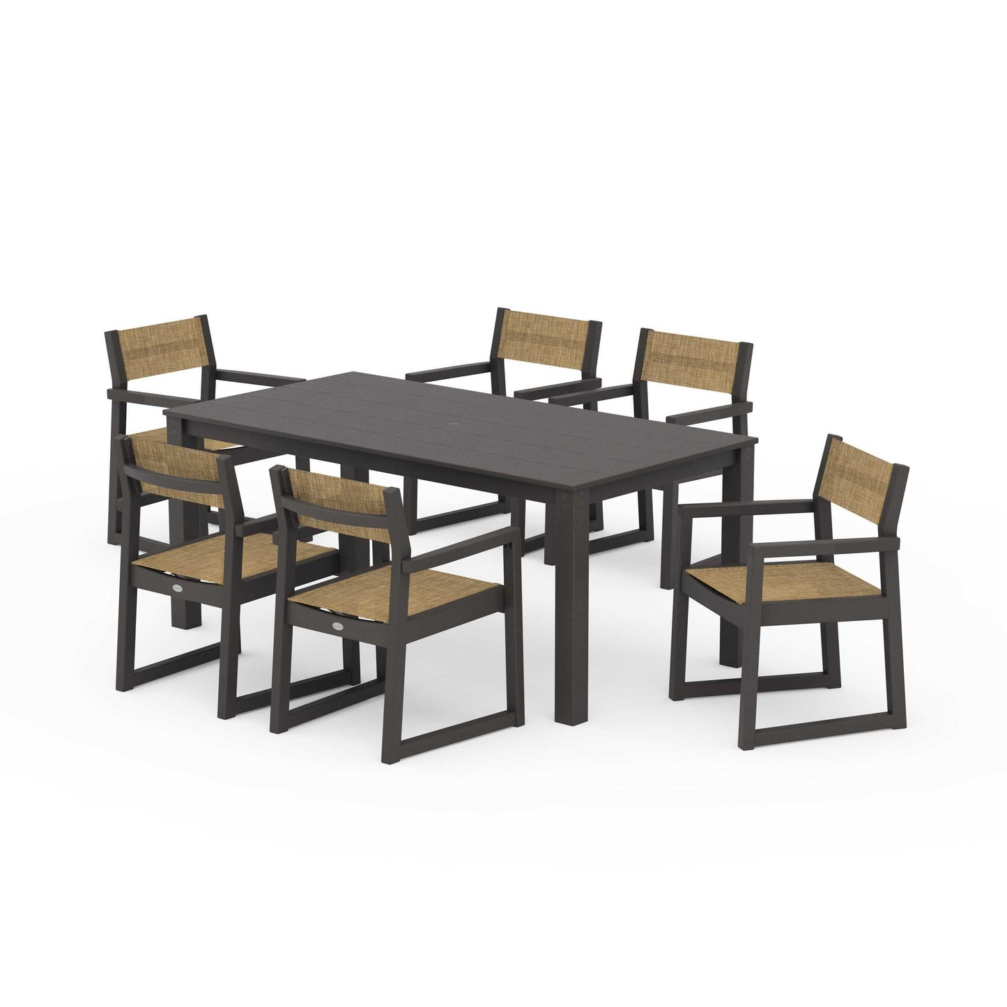 POLYWOOD EDGE Sling Arm Chair 7-Piece Parsons Dining Set — Vintage Coffee / Burlap Sling