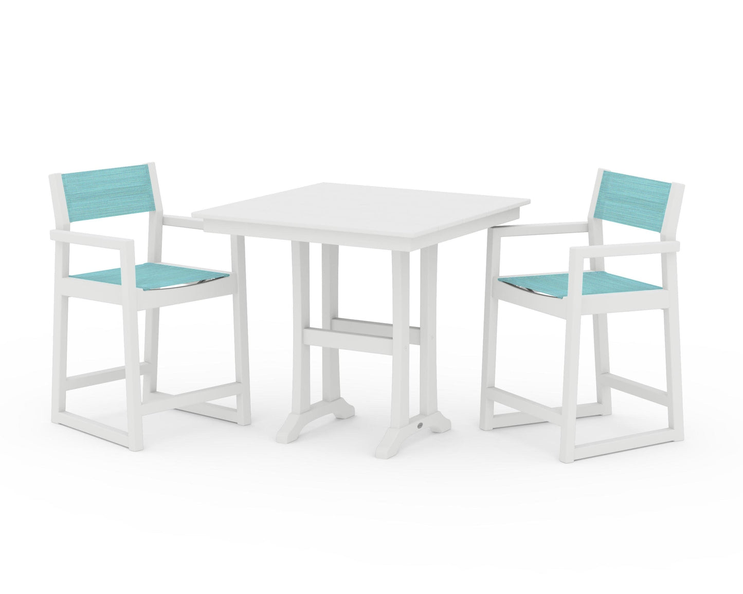 POLYWOOD EDGE Sling Arm Chair 3-Piece Farmhouse Counter Set with Trestle Legs — White / Dupioni Aquamarine Sling