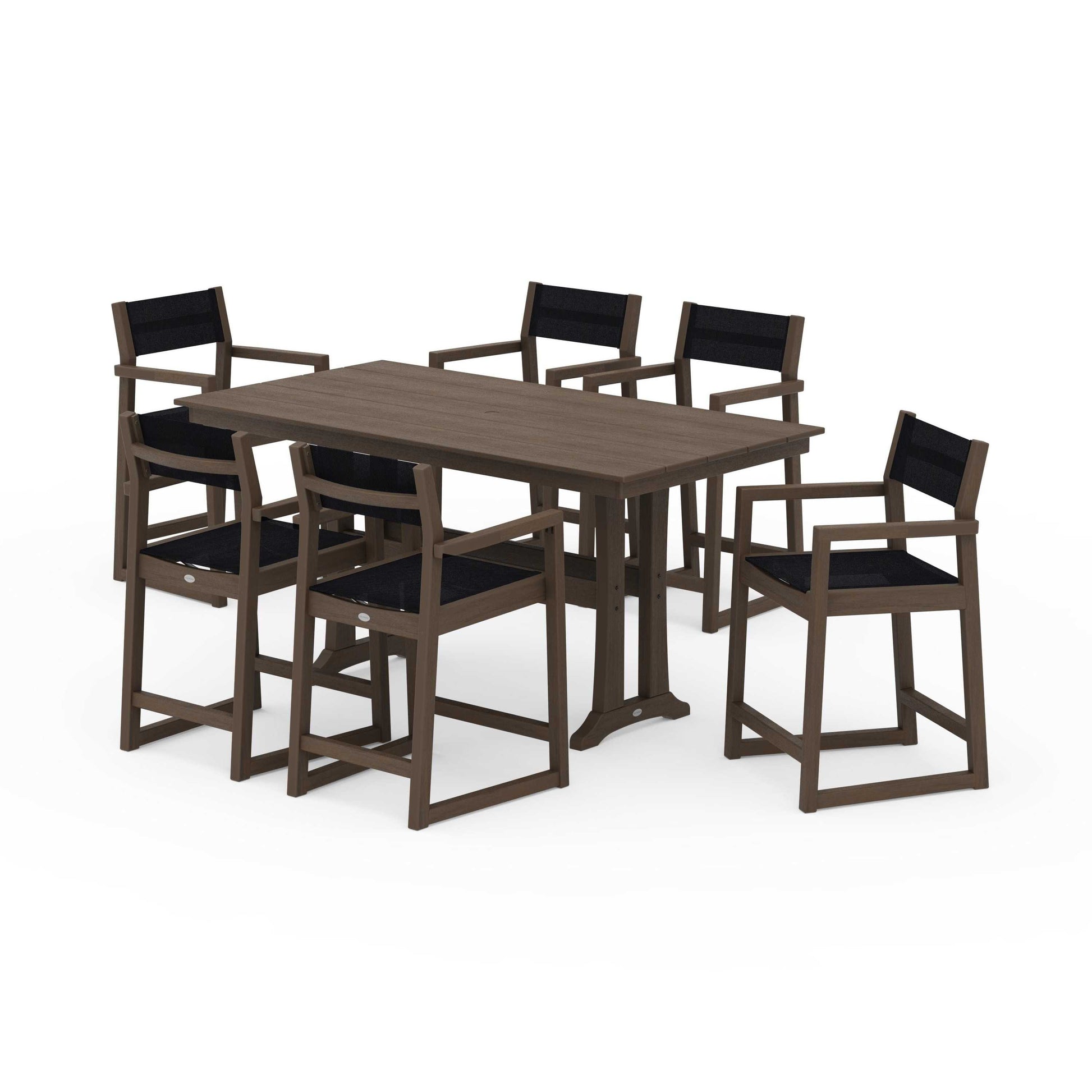 POLYWOOD EDGE Sling Arm Chair 7-Piece Farmhouse Counter Set with Trestle Legs — Kona / Black Sling