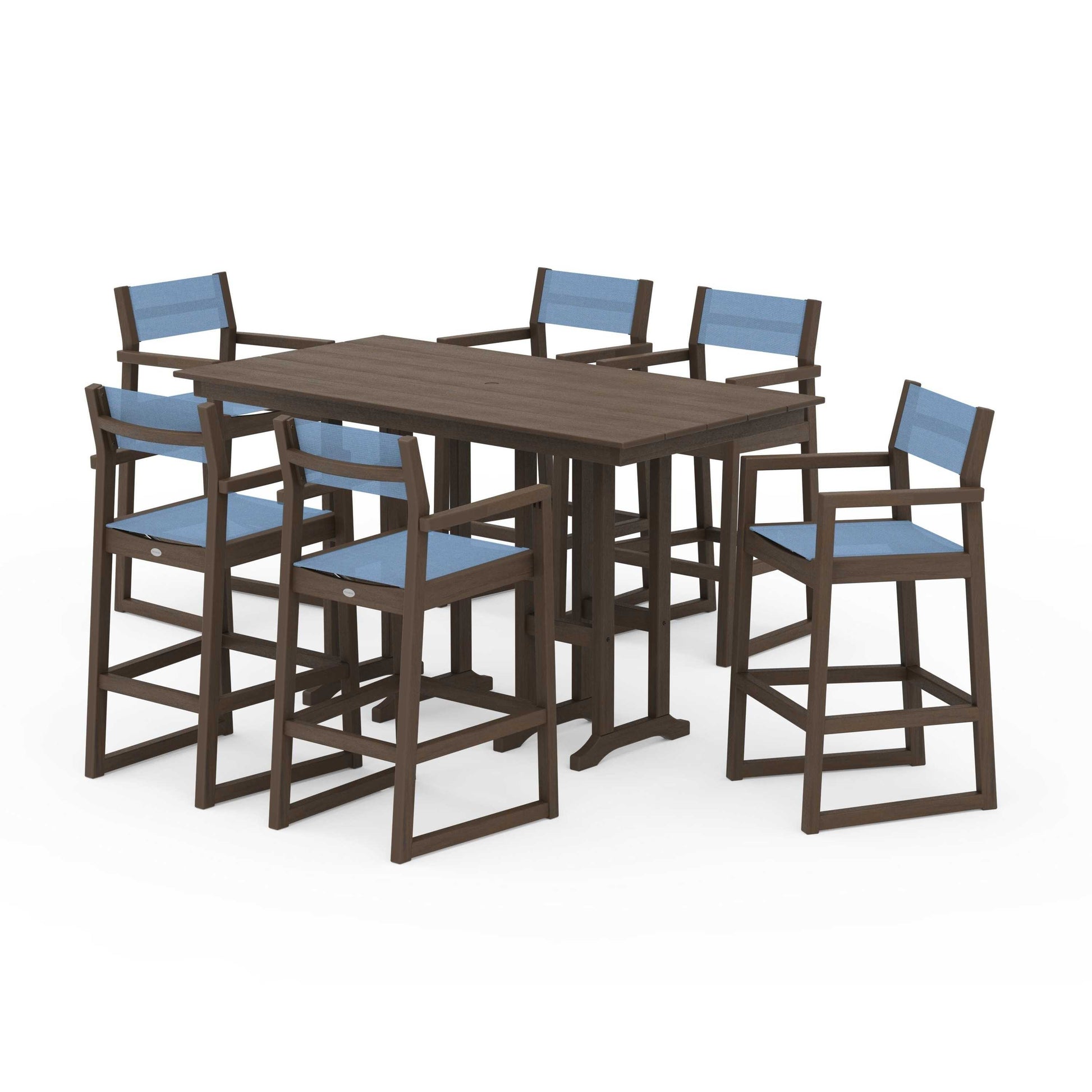 POLYWOOD EDGE Sling Arm Chair 7-Piece Farmhouse Bar Set — Kona / Poolside Sling