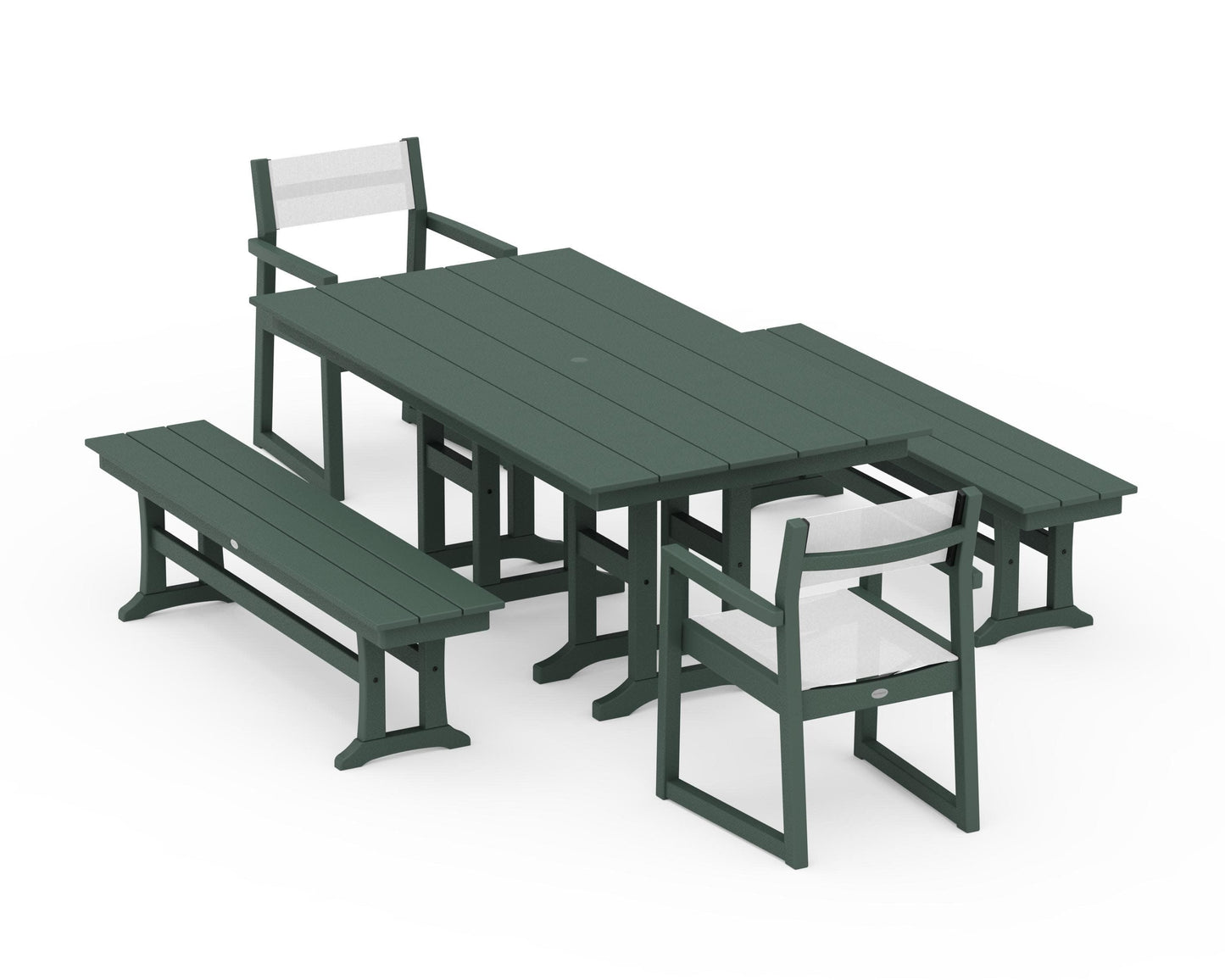 POLYWOOD EDGE Sling Arm Chair 5-Piece Farmhouse Dining Set with Benches — Green / White Sling