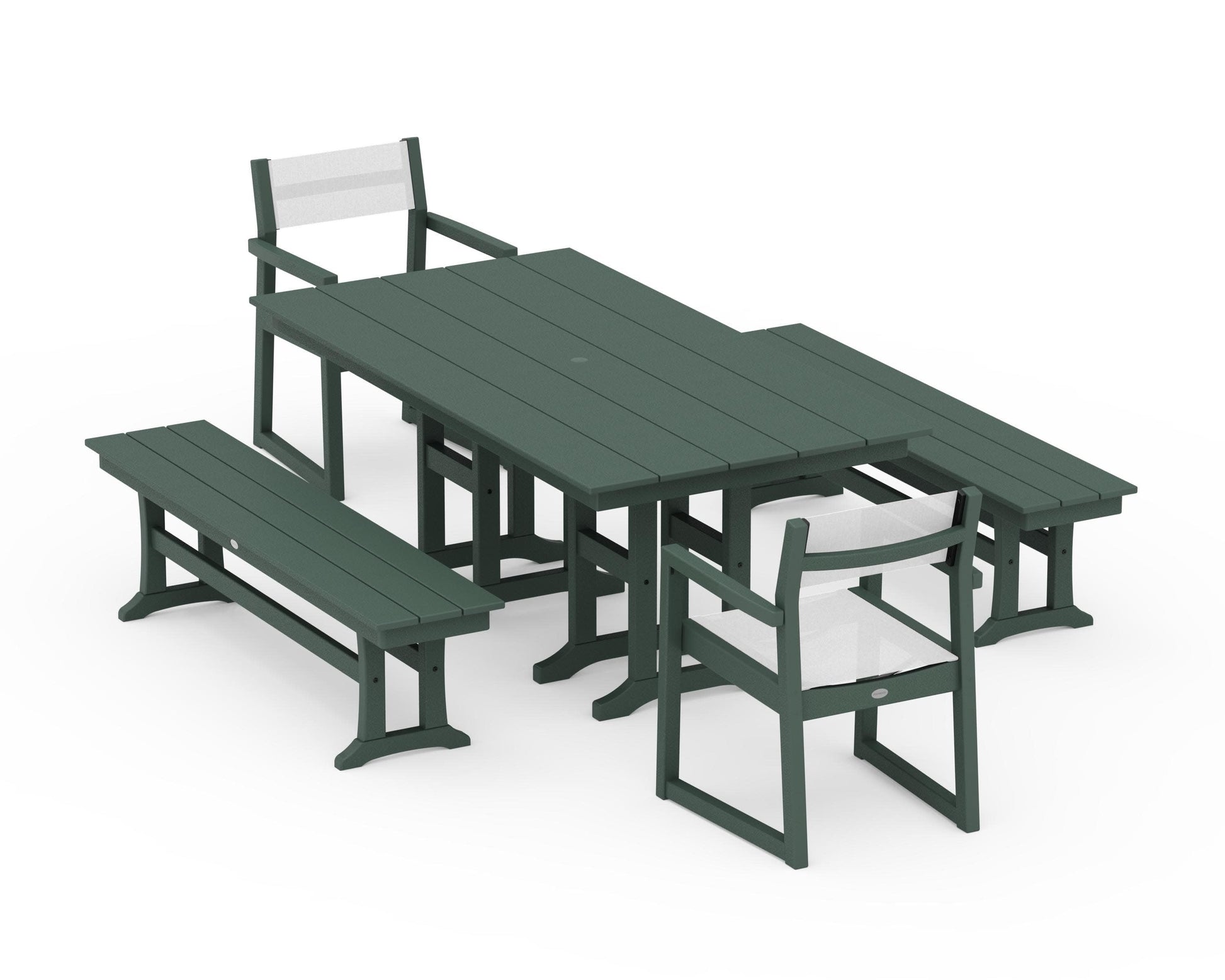 POLYWOOD EDGE Sling Arm Chair 5-Piece Farmhouse Dining Set with Benches — Green / White Sling