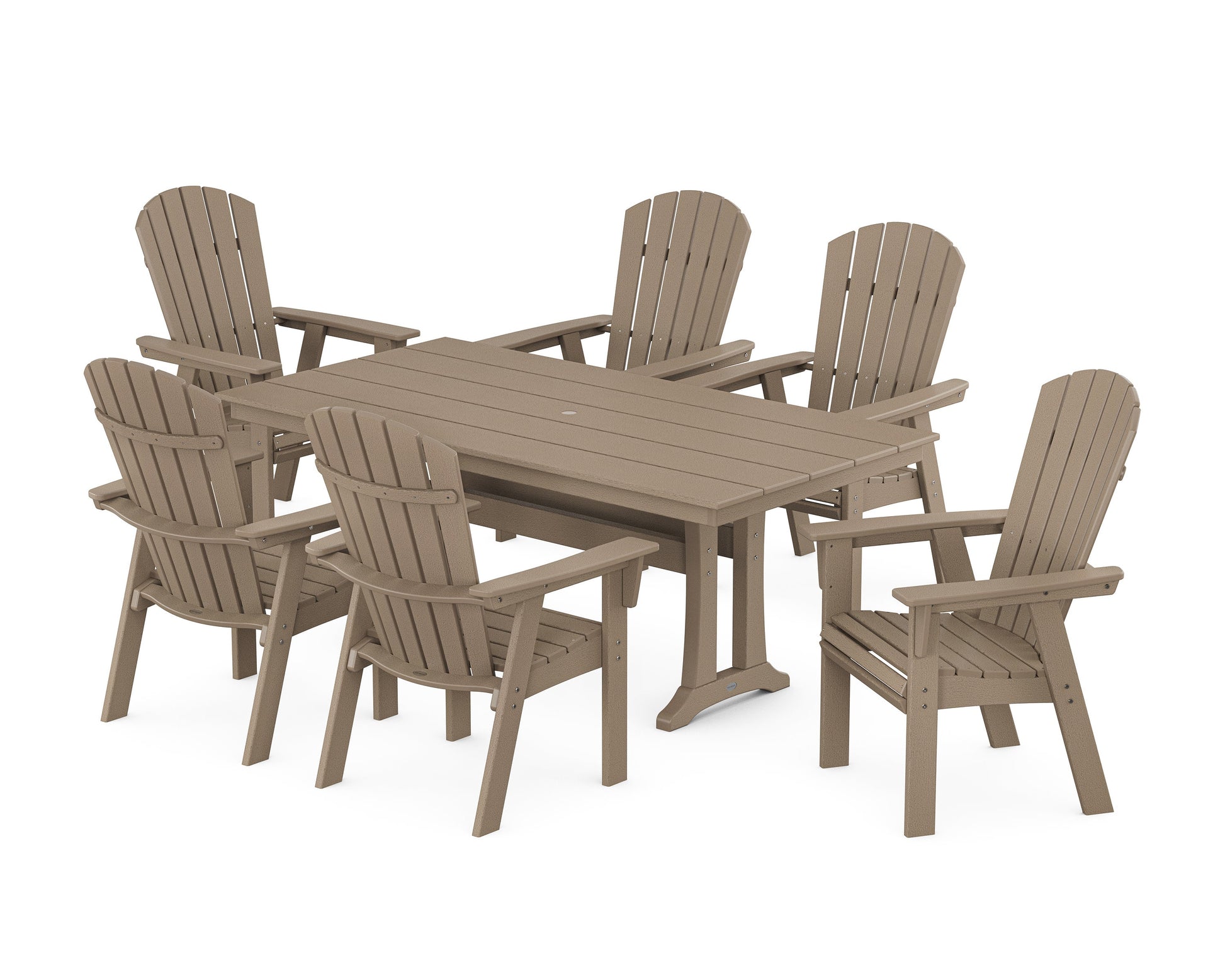 POLYWOOD Nautical Curveback Adirondack 7-Piece Farmhouse Dining Set with Trestle Legs — Vintage Sahara