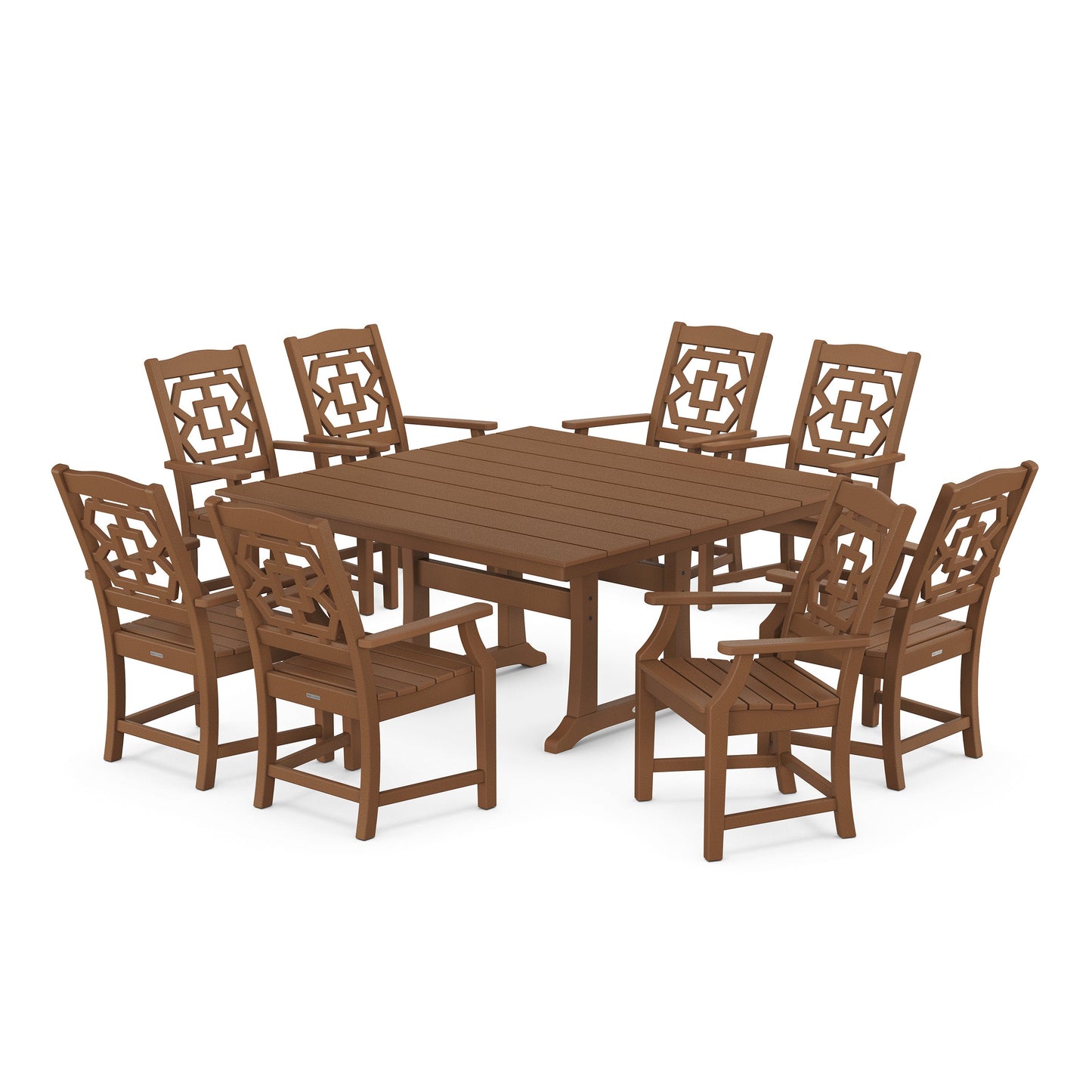 POLYWOOD Chinoiserie 9-Piece Square Farmhouse Dining Set with Trestle Legs — Teak