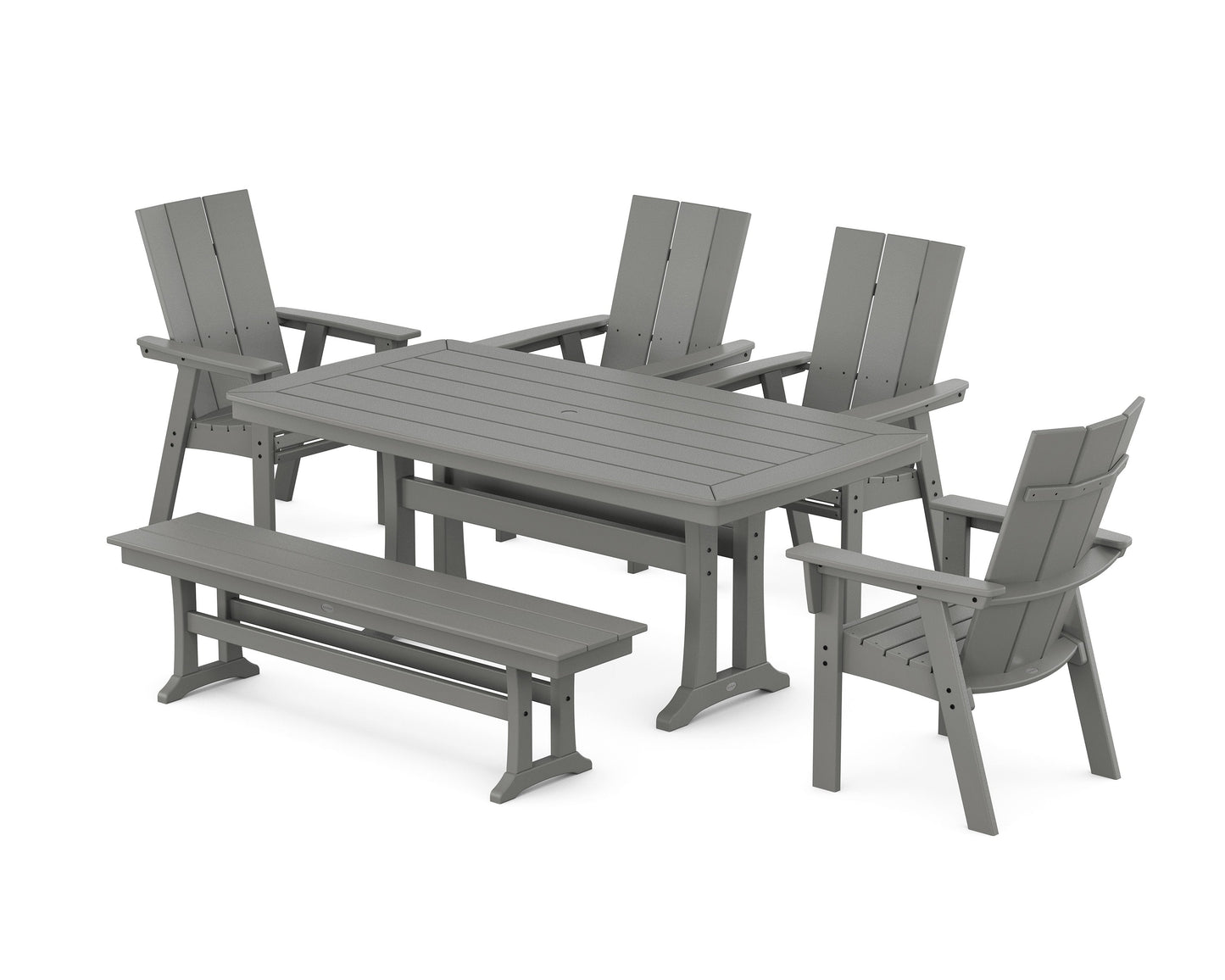 POLYWOOD Modern Curveback Adirondack 6-Piece Farmhouse Dining Set with Trestle Legs and Bench — Slate Grey