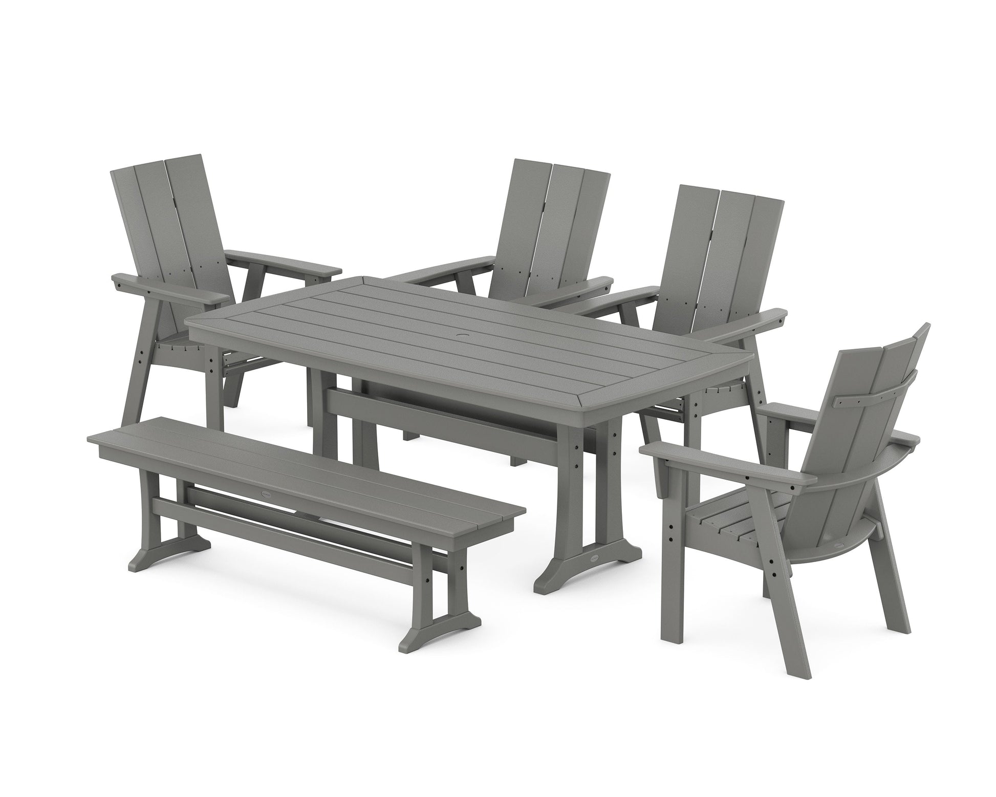 POLYWOOD Modern Curveback Adirondack 6-Piece Farmhouse Dining Set with Trestle Legs and Bench — Slate Grey
