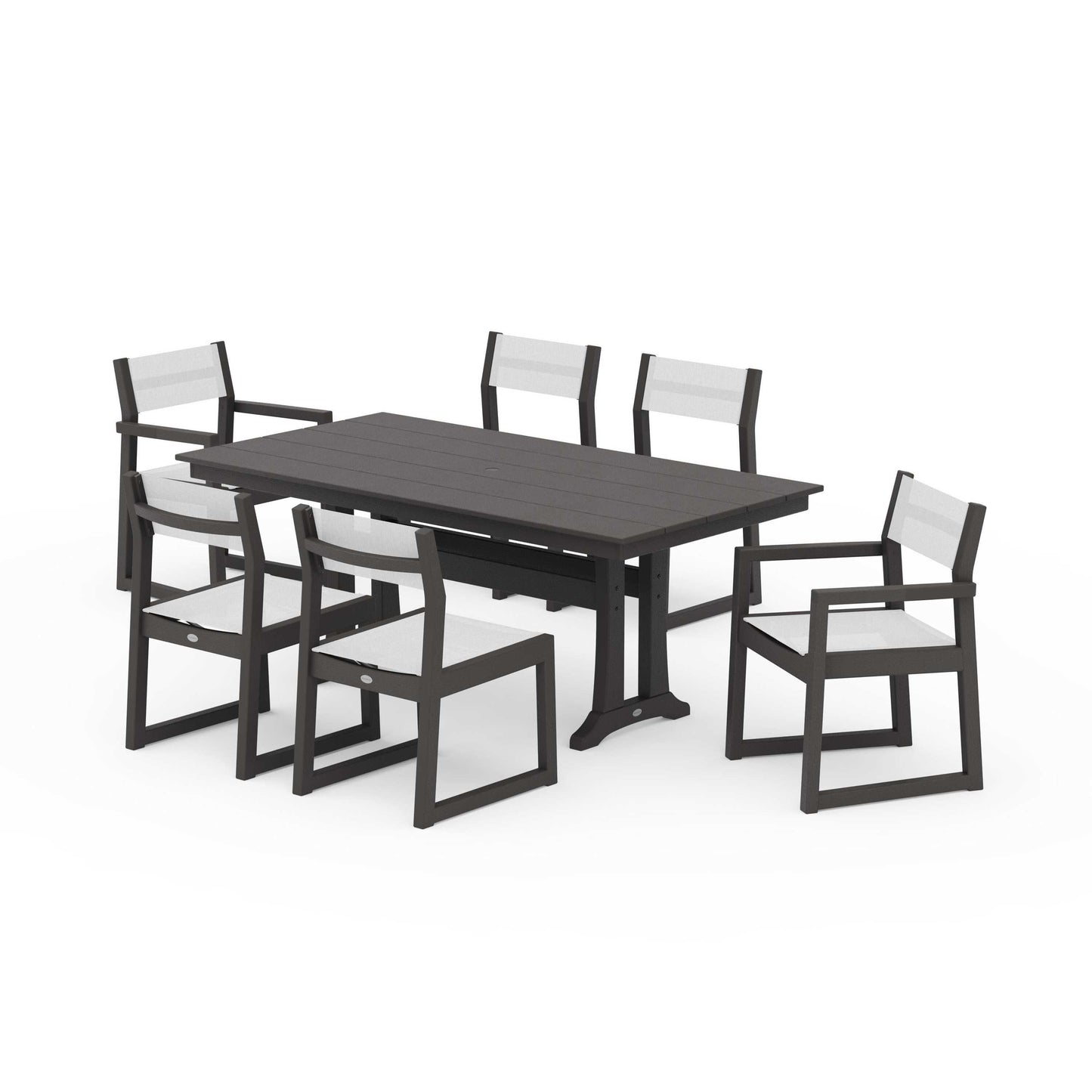 POLYWOOD EDGE Sling 7-Piece Farmhouse Trestle Dining Set — Vintage Coffee / White Sling