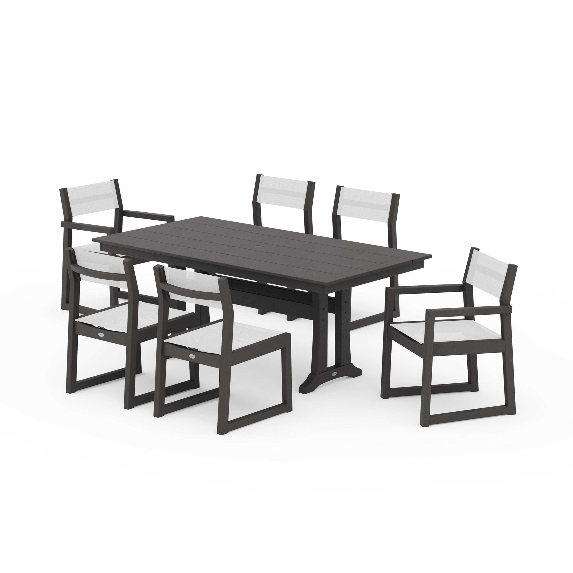 POLYWOOD EDGE Sling 7-Piece Farmhouse Trestle Dining Set — Vintage Coffee / White Sling