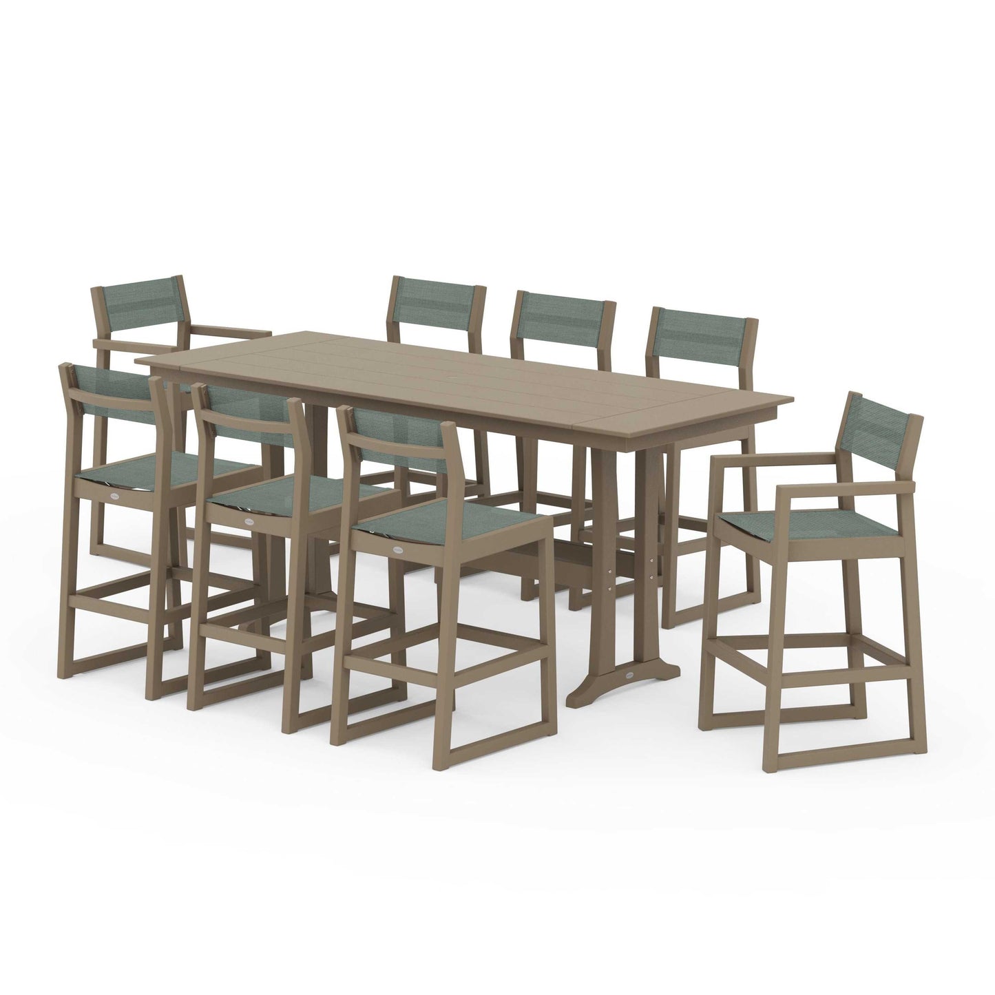 POLYWOOD EDGE Sling 9-Piece Farmhouse Bar Set with Trestle Legs — Vintage Sahara / Dupioni Sea Mist Sling