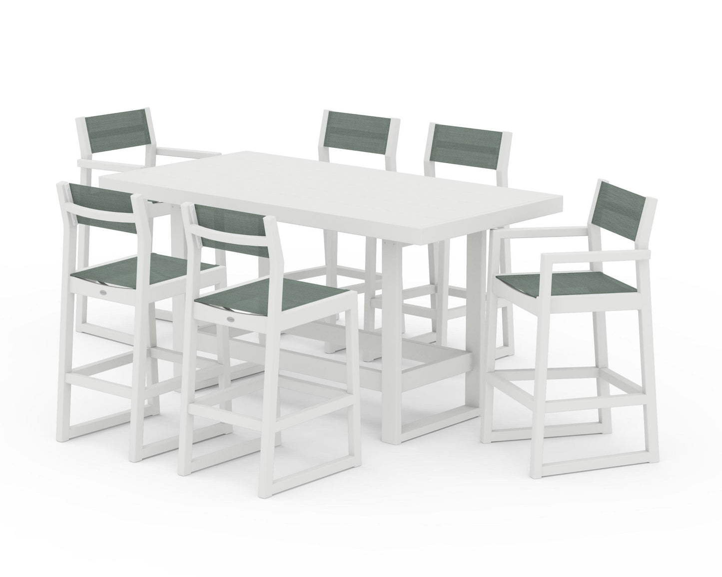 POLYWOOD EDGE Sling 7-Piece Bar Table Set — Vintage White / Dupioni Sea Mist Sling