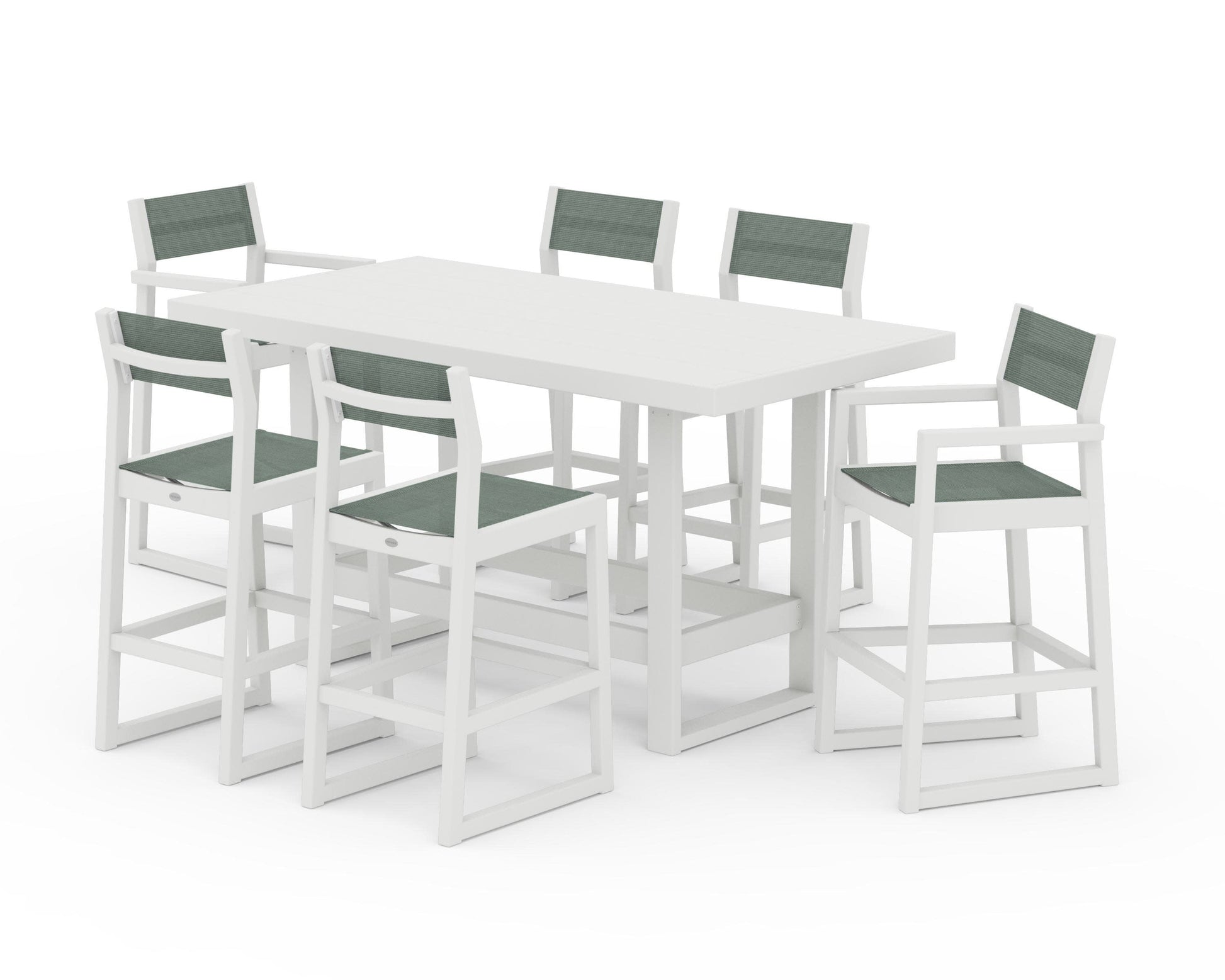 POLYWOOD EDGE Sling 7-Piece Bar Table Set — Vintage White / Dupioni Sea Mist Sling