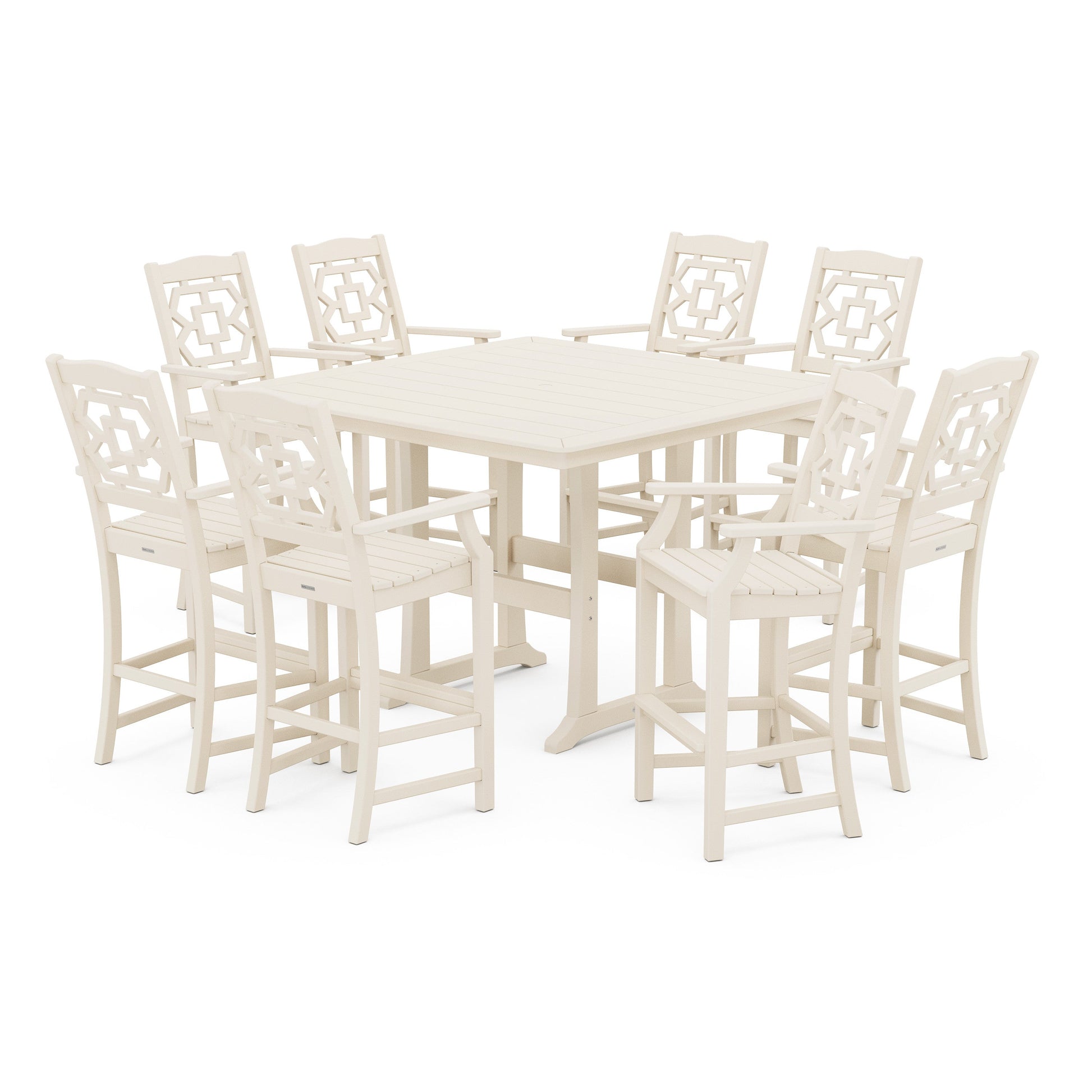 POLYWOOD Chinoiserie 9-Piece Square Bar Set with Trestle Legs — Sand